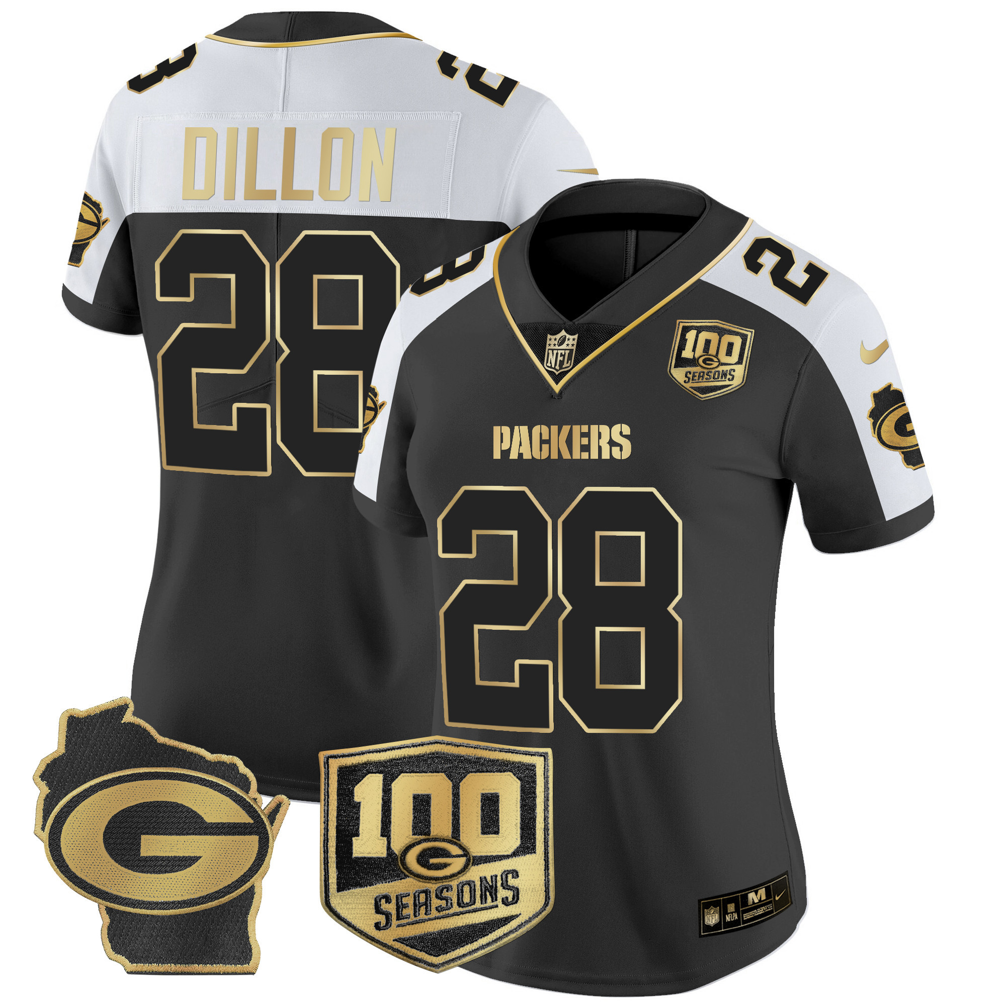 AJ Dillon Women's Green Bay Packers 100th Season & Home Patch Gold Vapor Limited Jersey Ã¢â‚¬â€œ All Stitched Alternate Jersey - All Stitched