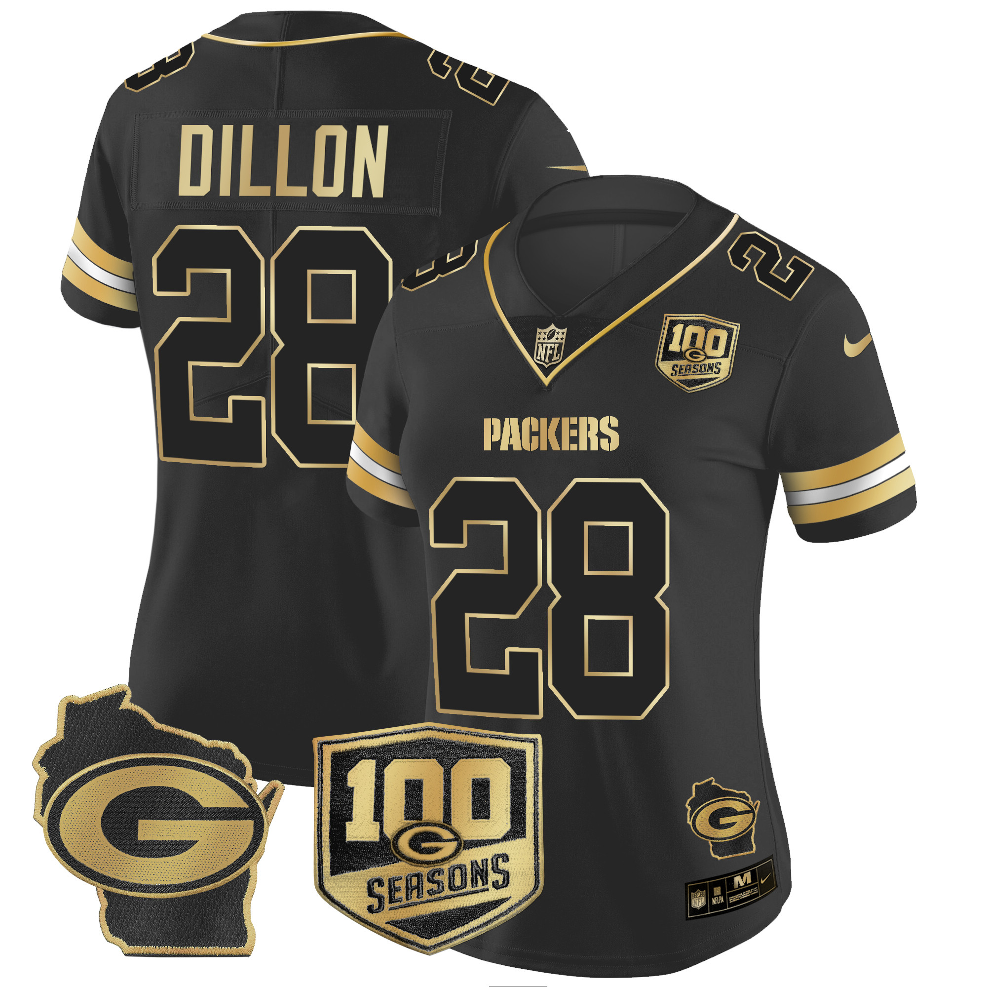 AJ Dillon Women's Green Bay Packers 100th Season & Home Patch Gold Vapor Limited Jersey ÃƒÂ¢Ã¢â€šÂ¬Ã¢â‚¬Å“ All Stitched Black Gold Jersey - All Stitched