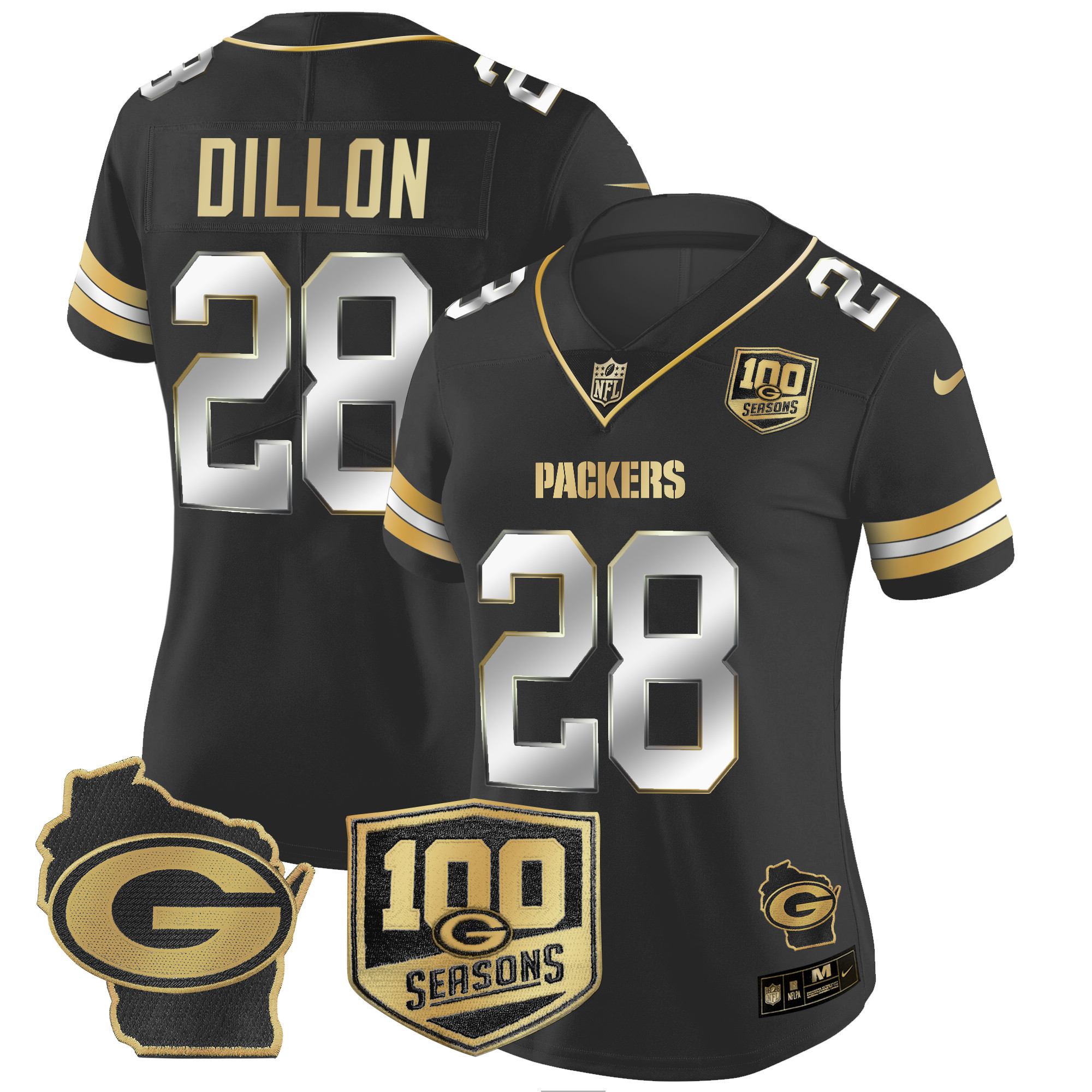 AJ Dillon Women's Green Bay Packers 100th Season & Home Patch Gold Vapor Limited Jersey Ã¢â‚¬â€œ All Stitched Black Limited Jersey - All Stitched