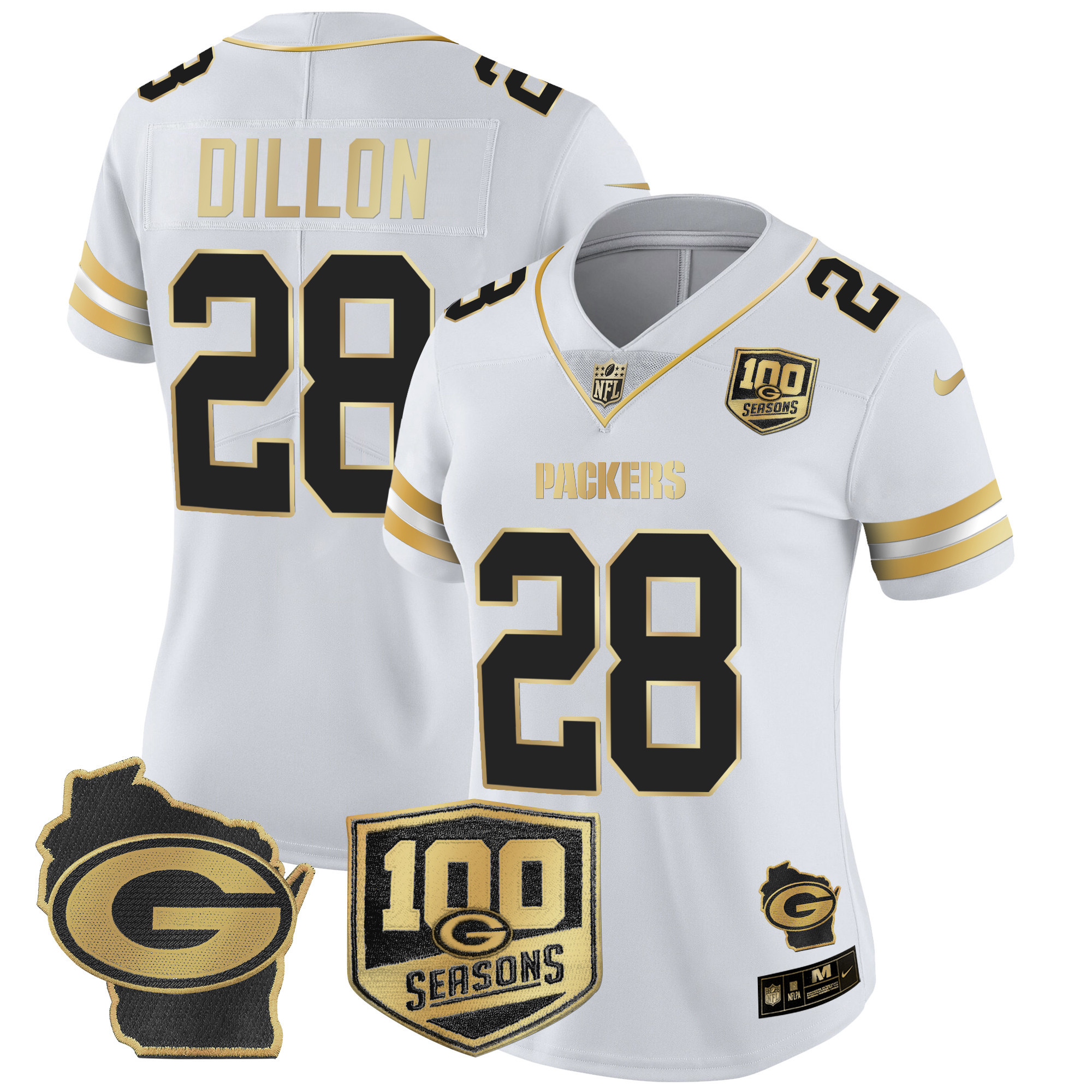 AJ Dillon Women's Green Bay Packers 100th Season & Home Patch Gold Vapor Limited Jersey ÃƒÂ¢Ã¢â€šÂ¬Ã¢â‚¬Å“ All Stitched White Gold Jersey - All Stitched