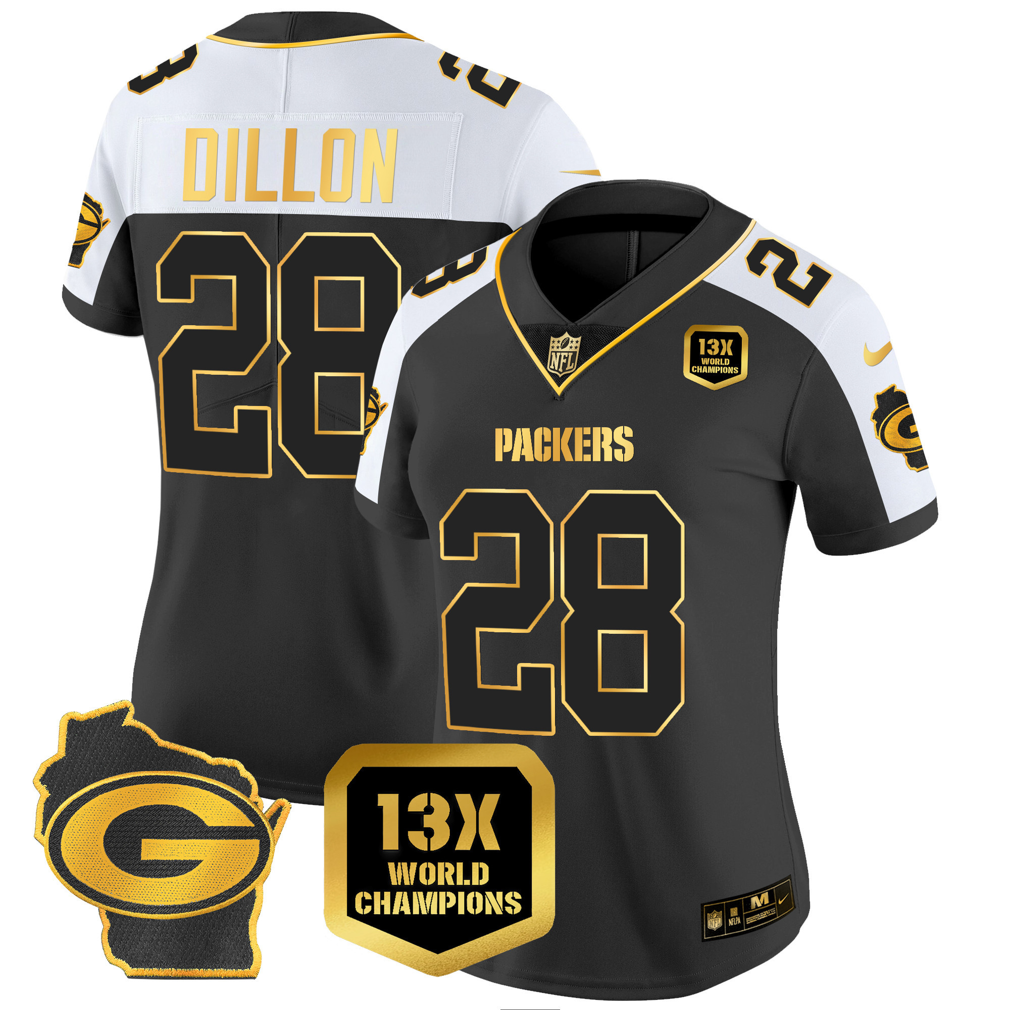 AJ Dillon Women's Green Bay Packers 13 Time World Champions & Home Patch Gold Vapor Jersey � All Stitched Alternate Jersey - All Stitched