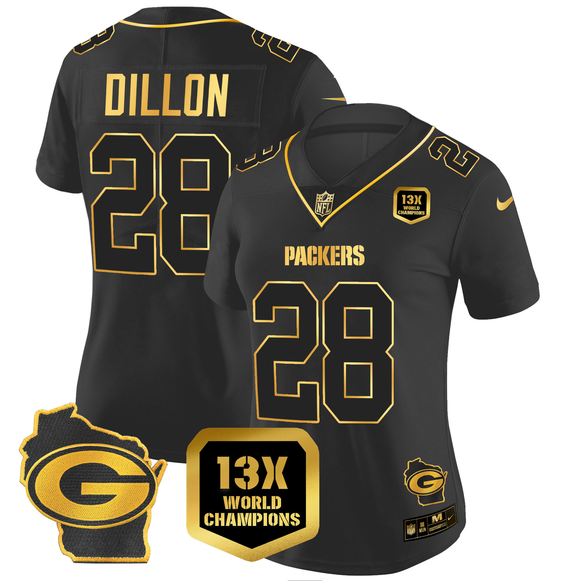 AJ Dillon Women's Green Bay Packers 13 Time World Champions & Home Patch Gold Vapor Jersey � All Stitched Black Gold Jersey - All Stitched