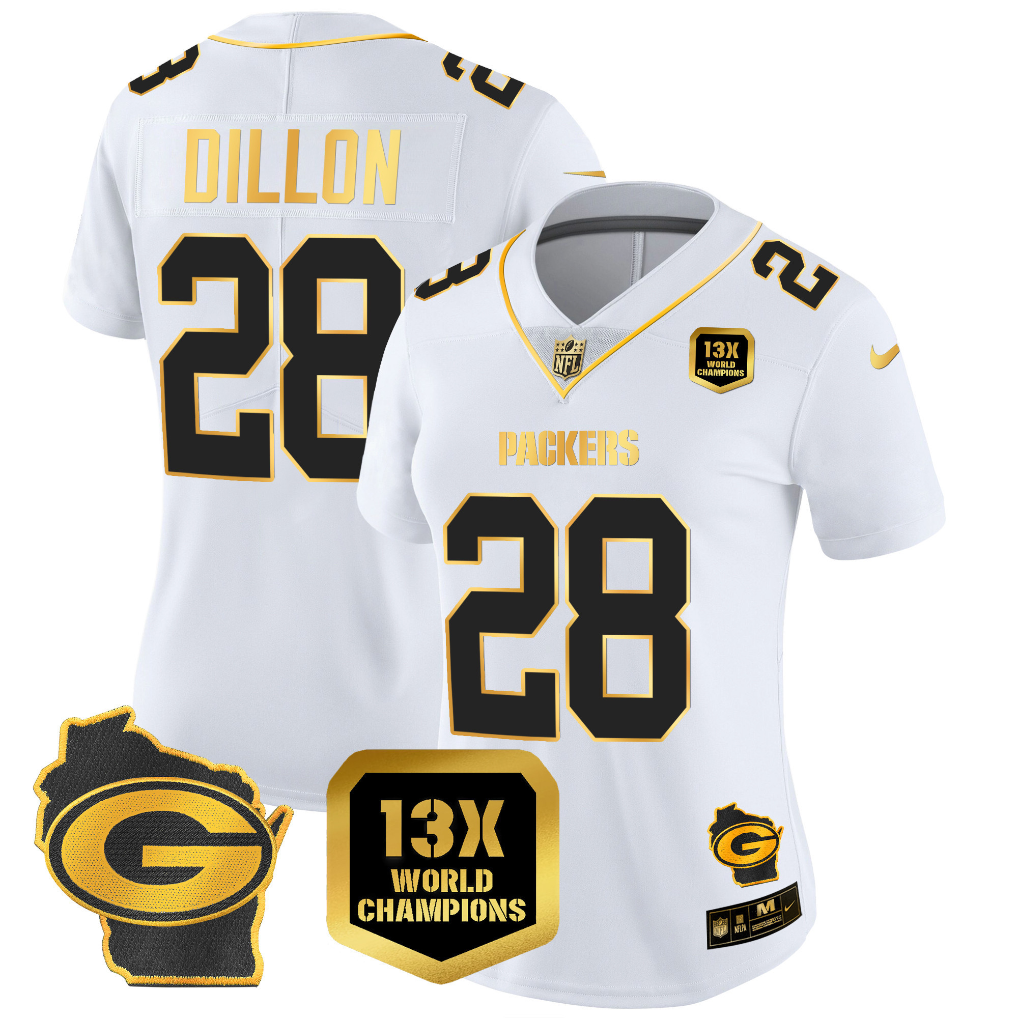 AJ Dillon Women's Green Bay Packers 13 Time World Champions & Home Patch Gold Vapor Jersey � All Stitched White Gold Jersey - All Stitched