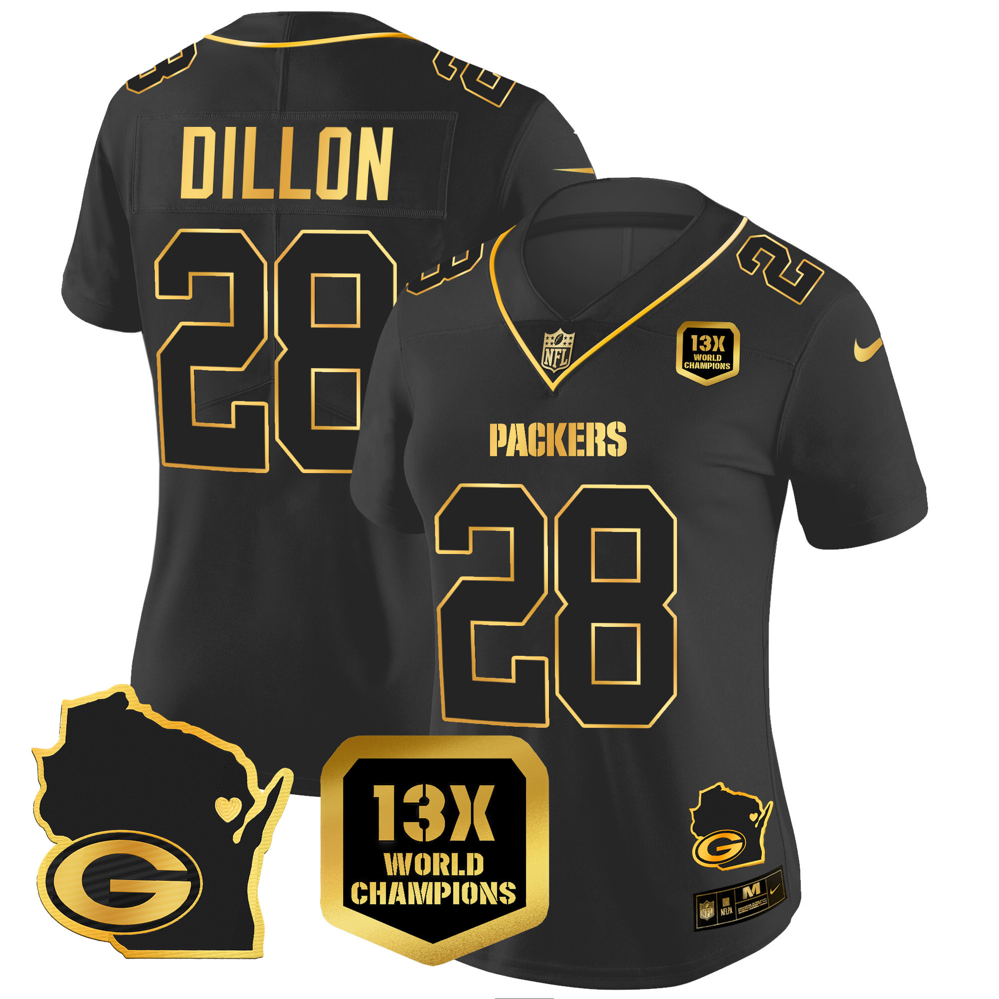 AJ Dillon Women's Green Bay Packers 13 Time World Champions & Home Patch Gold Vapor Jersey V2 � All Stitched Black Gold Jersey - All Stitched
