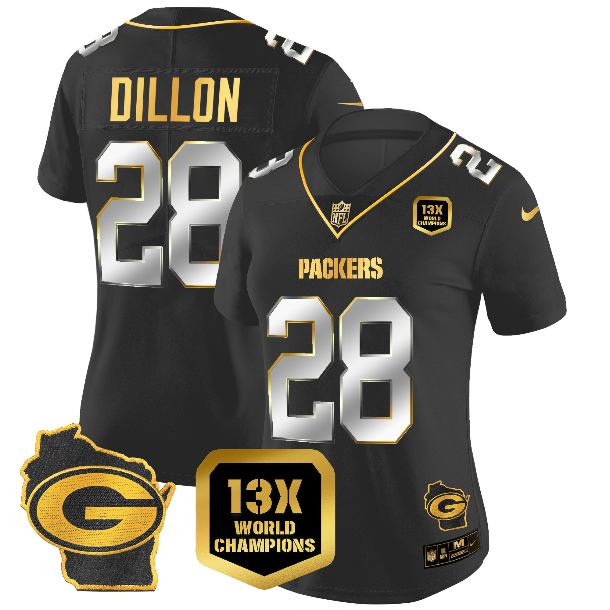 AJ Dillon Women's Green Bay Packers 13 Time World Champions & Home Patch Gold Vapor Jersey V2 � All Stitched Black Limited Jersey - All Stitched