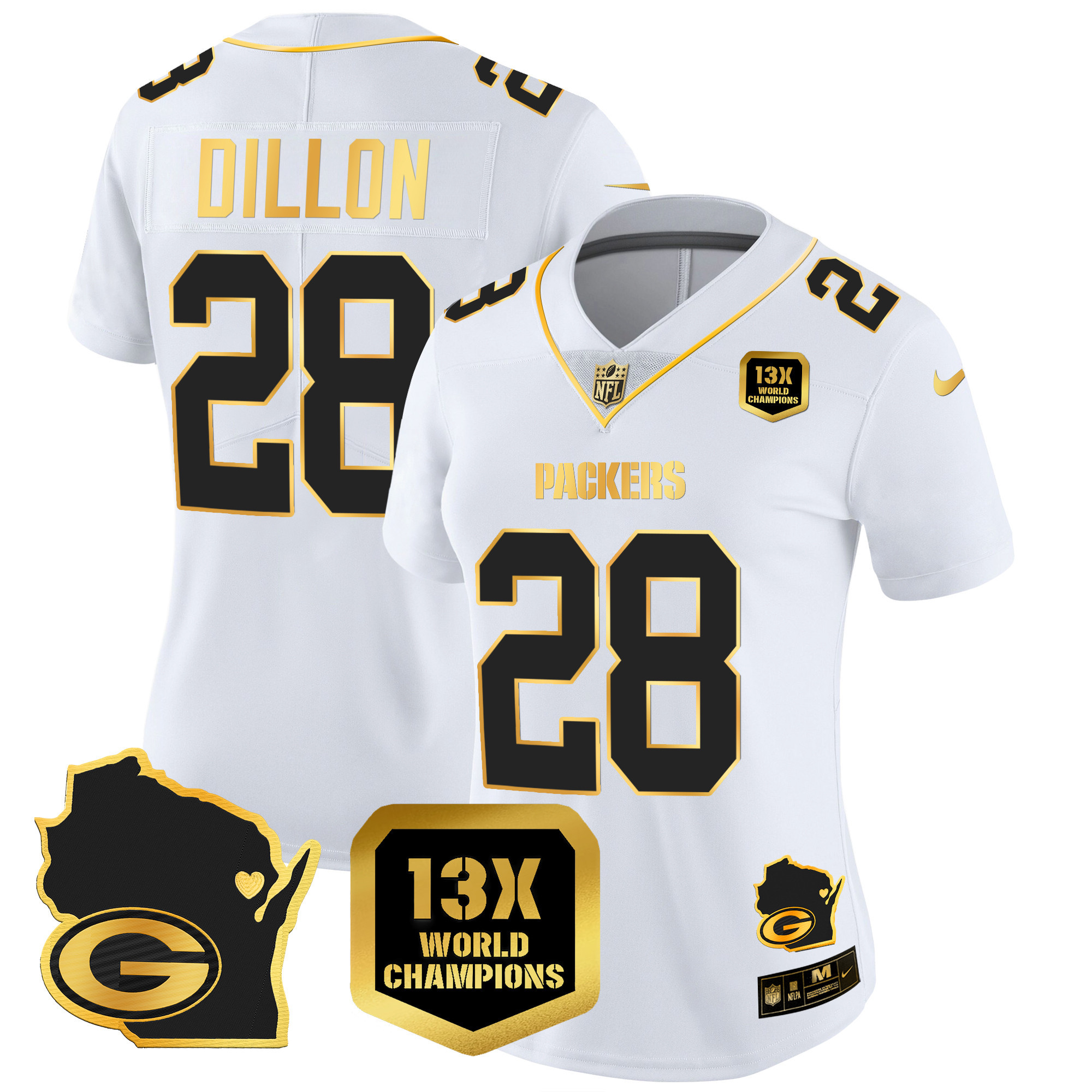 AJ Dillon Women's Green Bay Packers 13 Time World Champions & Home Patch Gold Vapor Jersey V2 � All Stitched White Gold Jersey - All Stitched