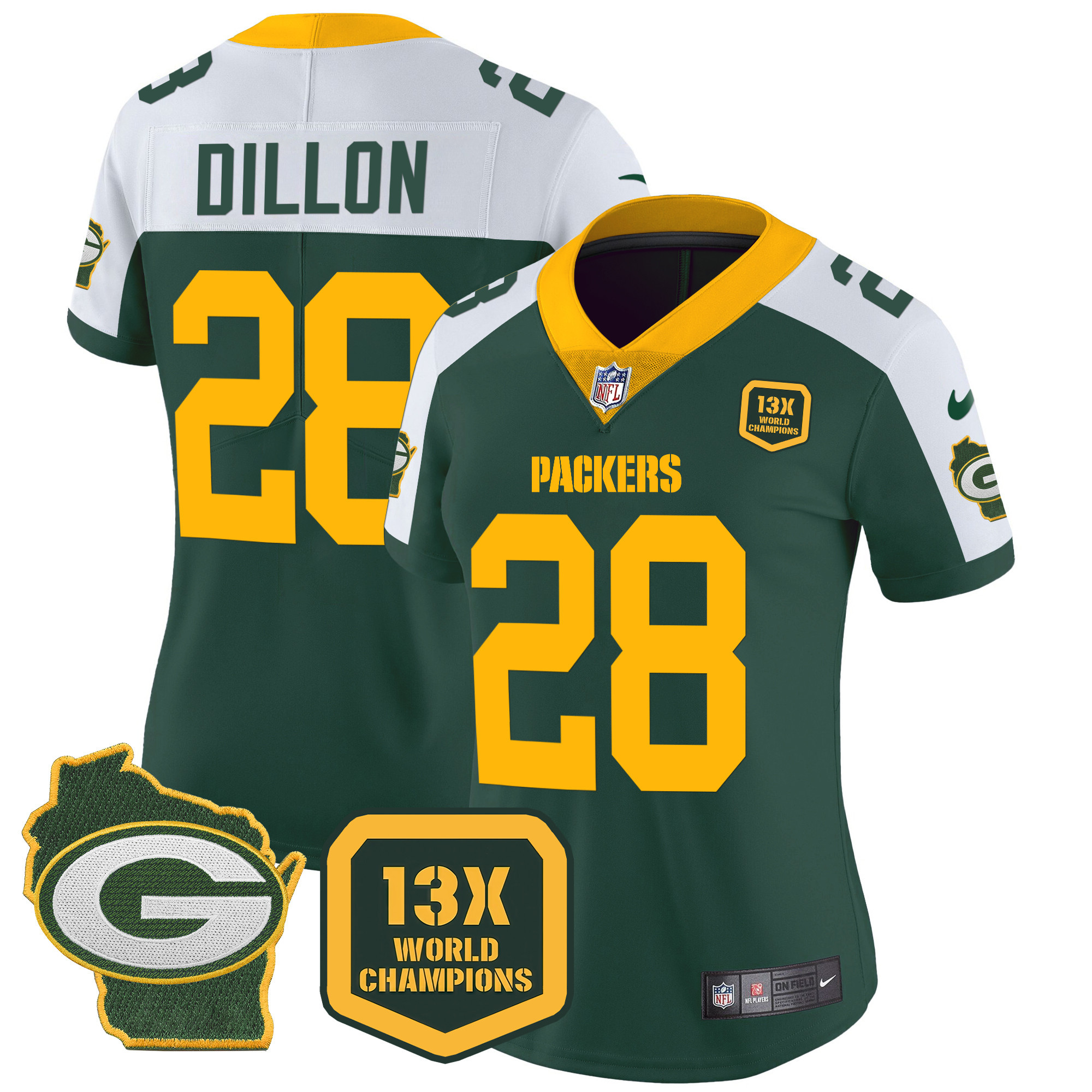 AJ Dillon Women's Green Bay Packers 13 Time World Champions & Home Patch Vapor Jersey � All Stitched Alternate Jersey - All Stitched