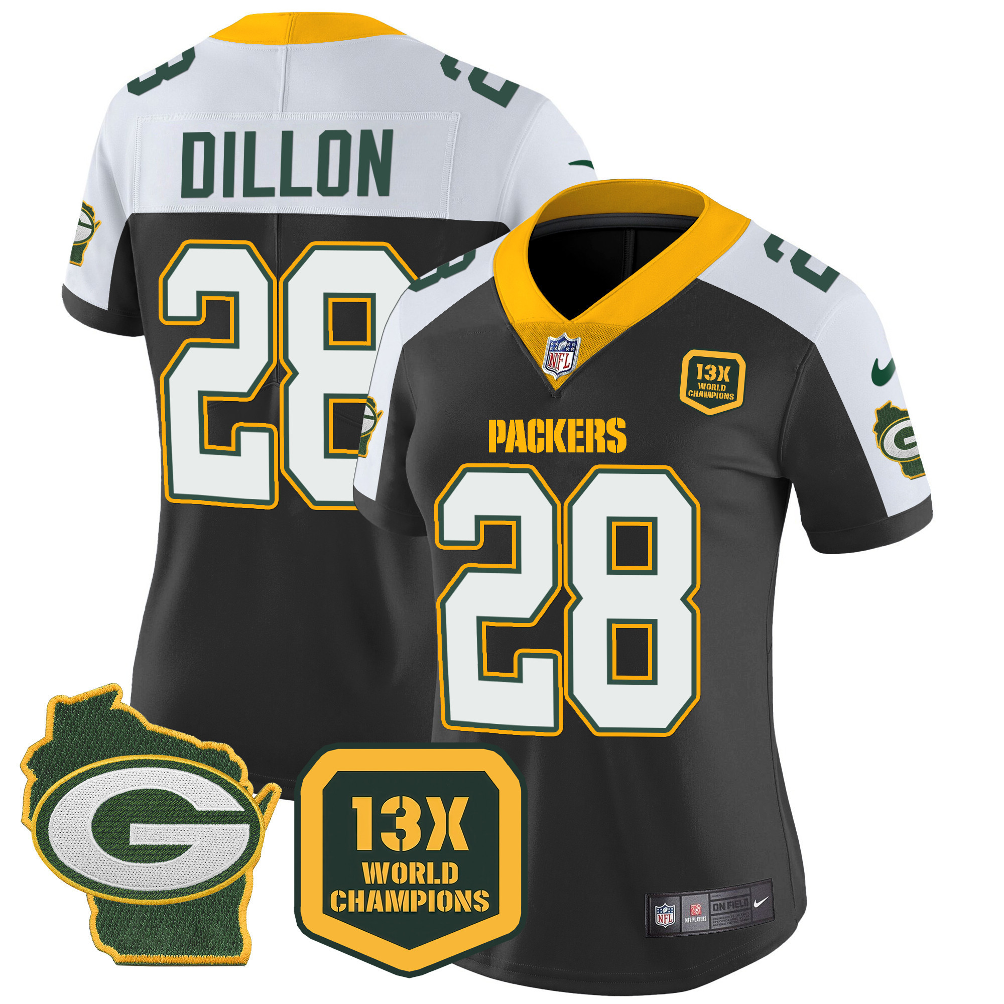 AJ Dillon Women's Green Bay Packers 13 Time World Champions & Home Patch Vapor Jersey � All Stitched Black Alternate Jersey - All Stitched