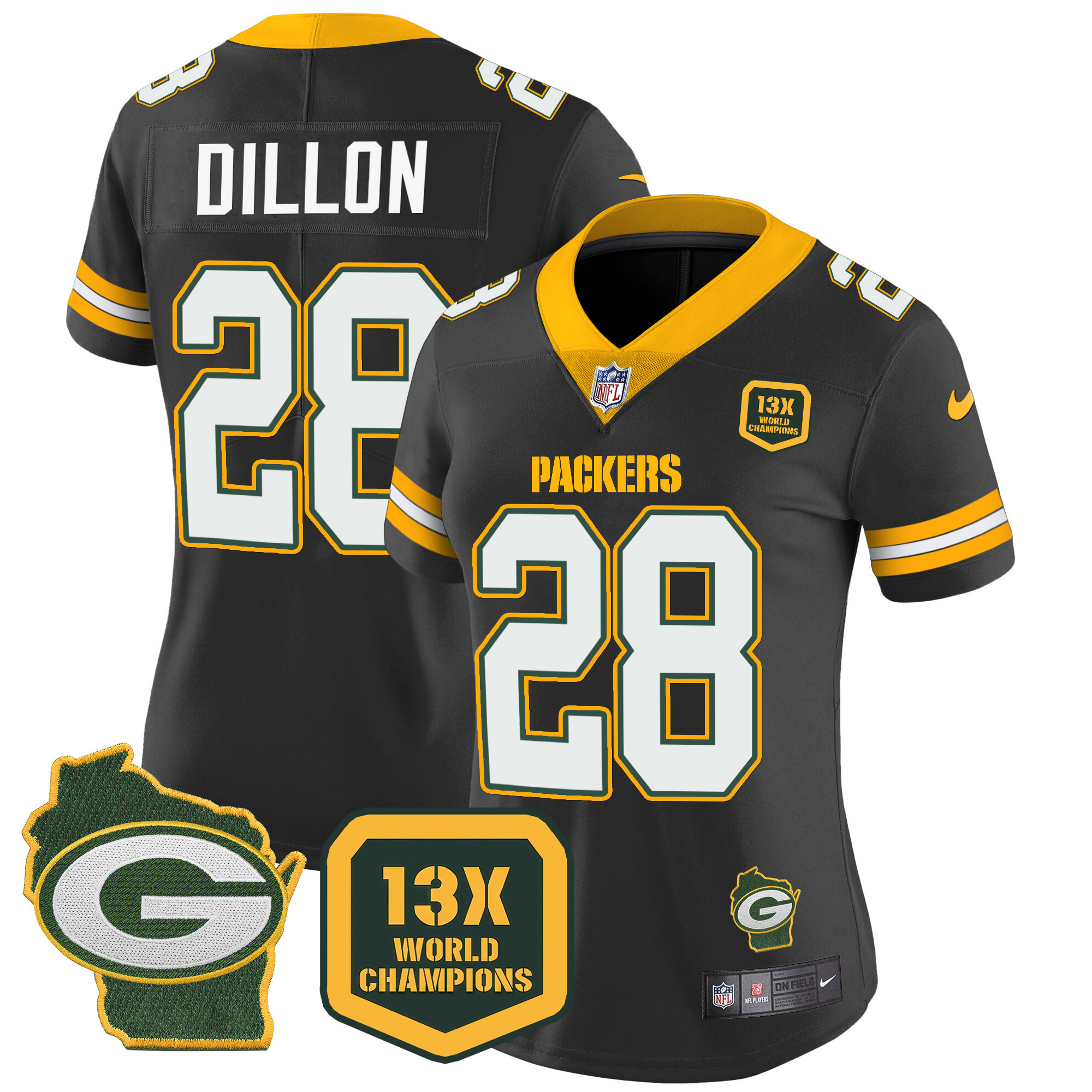 AJ Dillon Women's Green Bay Packers 13 Time World Champions & Home Patch Vapor Jersey � All Stitched Black Jersey - All Stitched