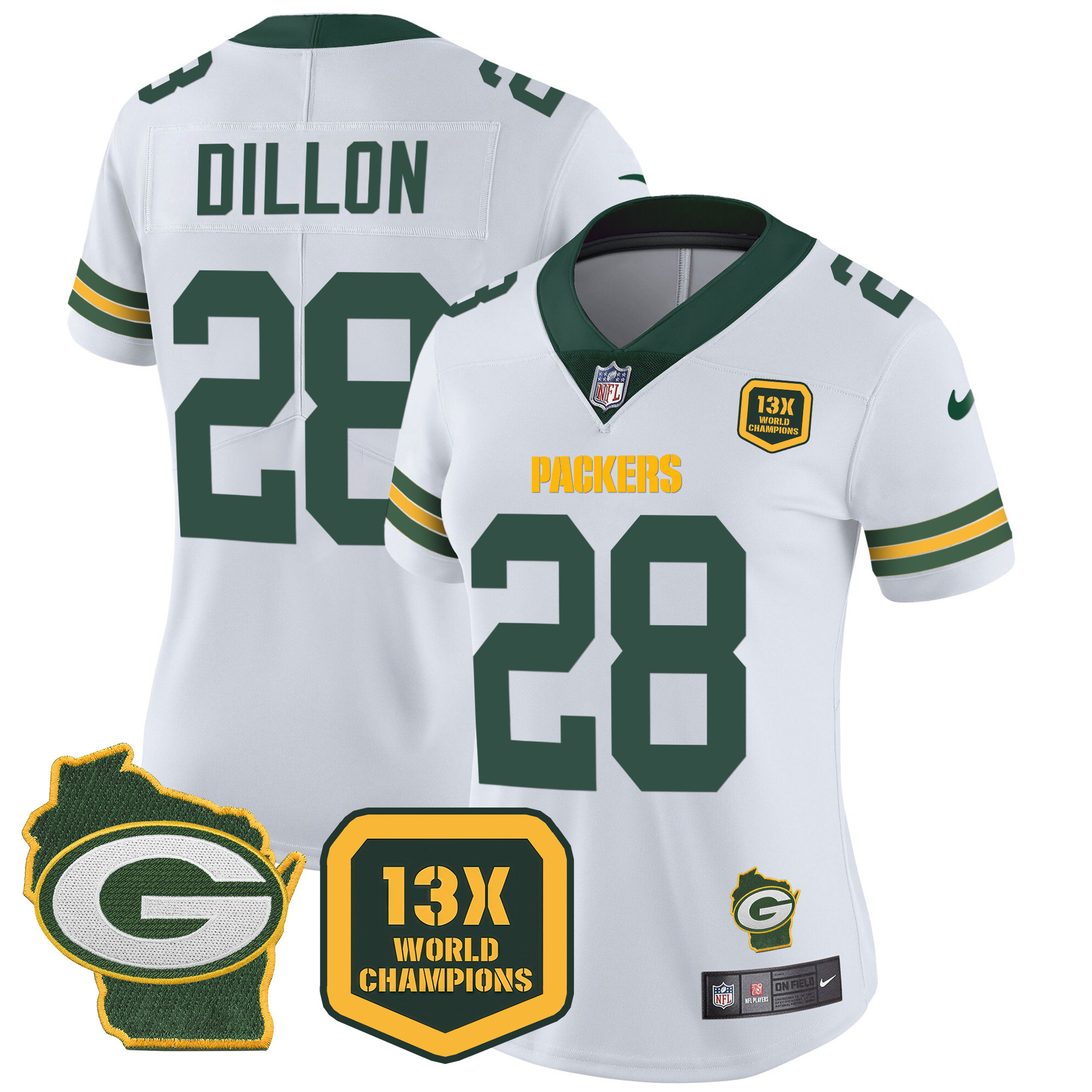 AJ Dillon Women's Green Bay Packers 13 Time World Champions & Home Patch Vapor Jersey � All Stitched White Jersey - All Stitched