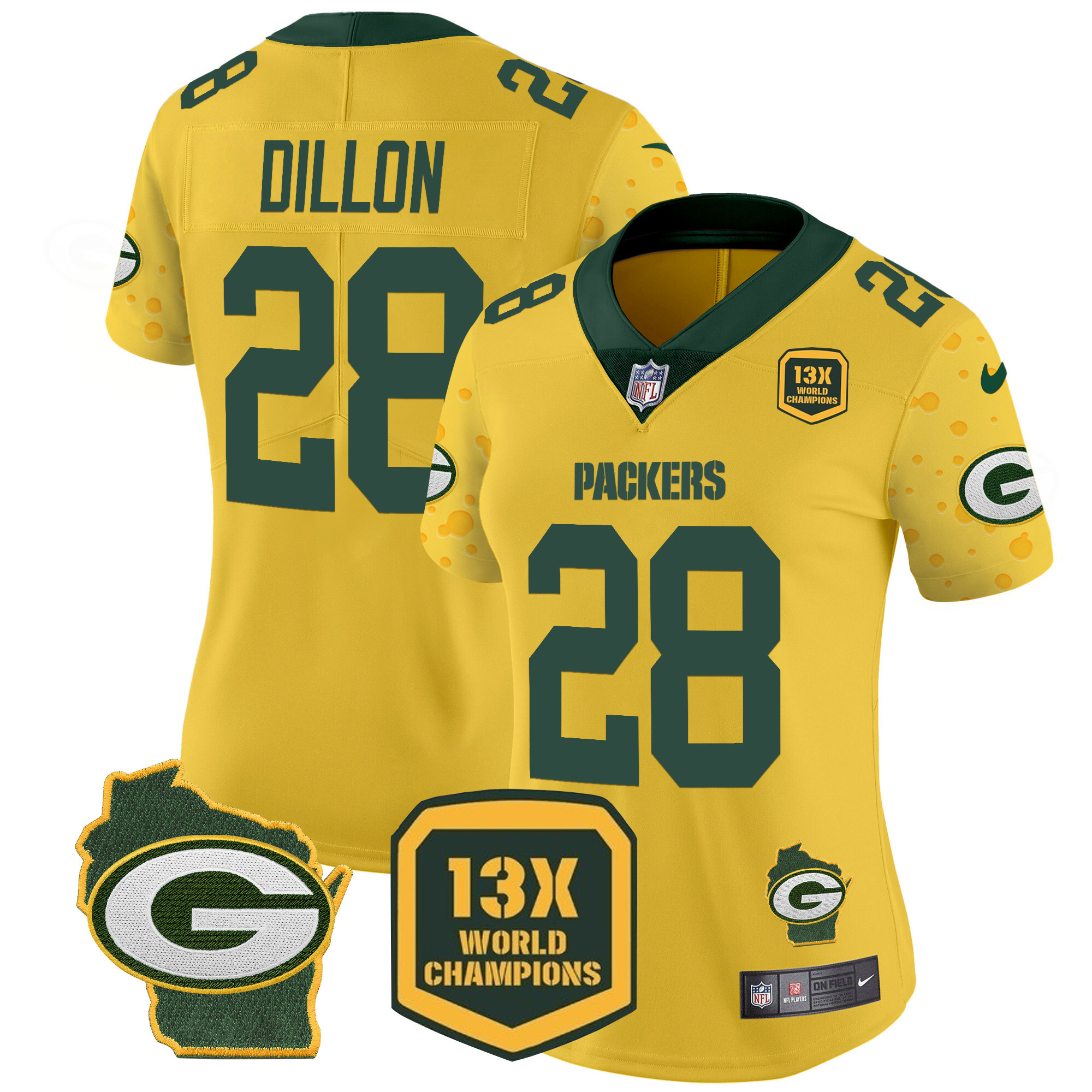 AJ Dillon Women's Green Bay Packers Cheese Vapor Limited Jersey – All Stitched Gold Jersey - All Stitched