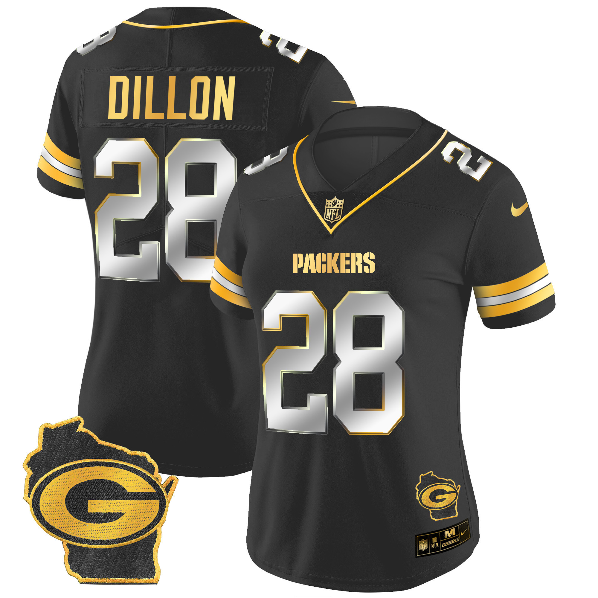 AJ Dillon Women's Green Bay Packers Home Patch Gold Vapor Black Limited Jersey - All Stitched