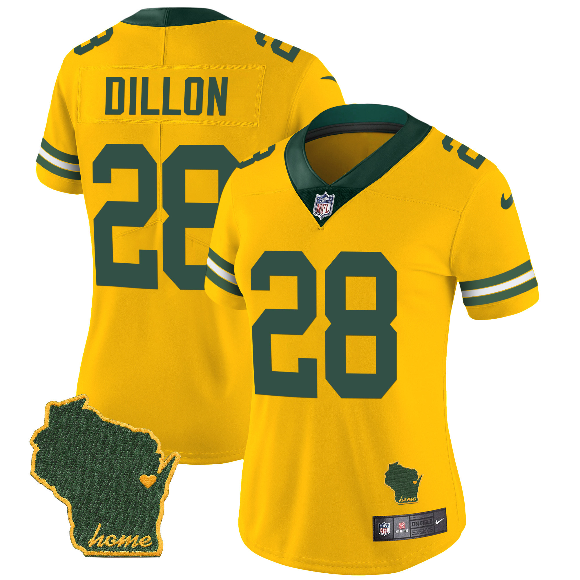 AJ Dillon Women's Green Bay Packers Home Patch Vapor Gold Jersey - All Stitched