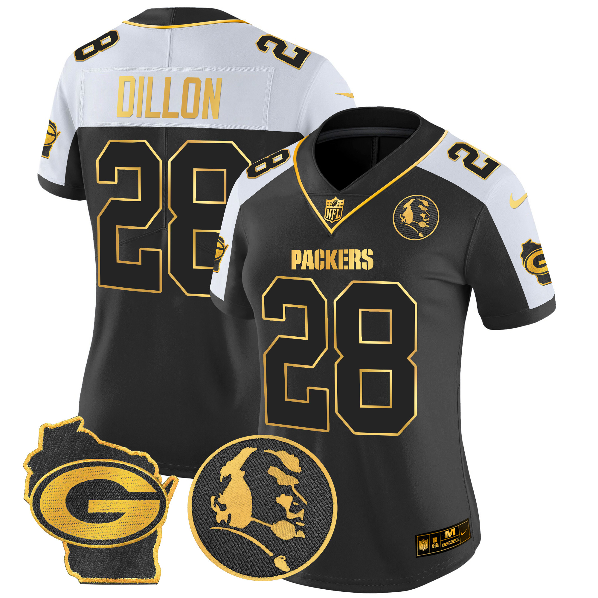 AJ Dillon Women's Green Bay Packers John Madden & Home Patch Gold Vapor Limited Alternate Jersey - All Stitched
