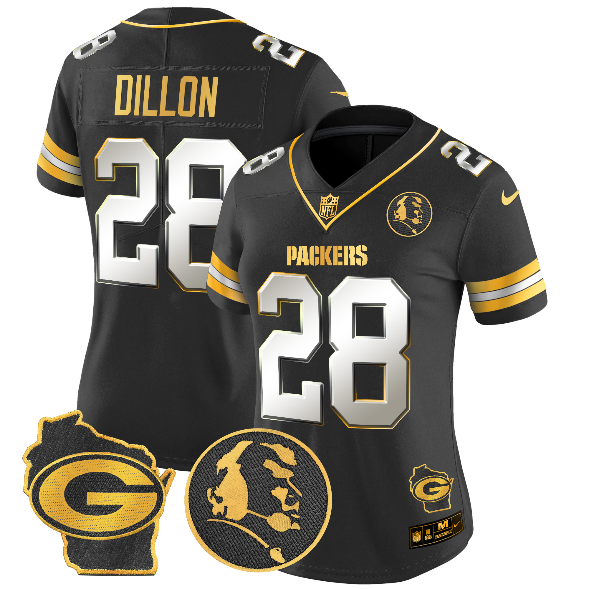 AJ Dillon Women's Green Bay Packers John Madden & Home Patch Gold Vapor Limited Black Limited Jersey - All Stitched