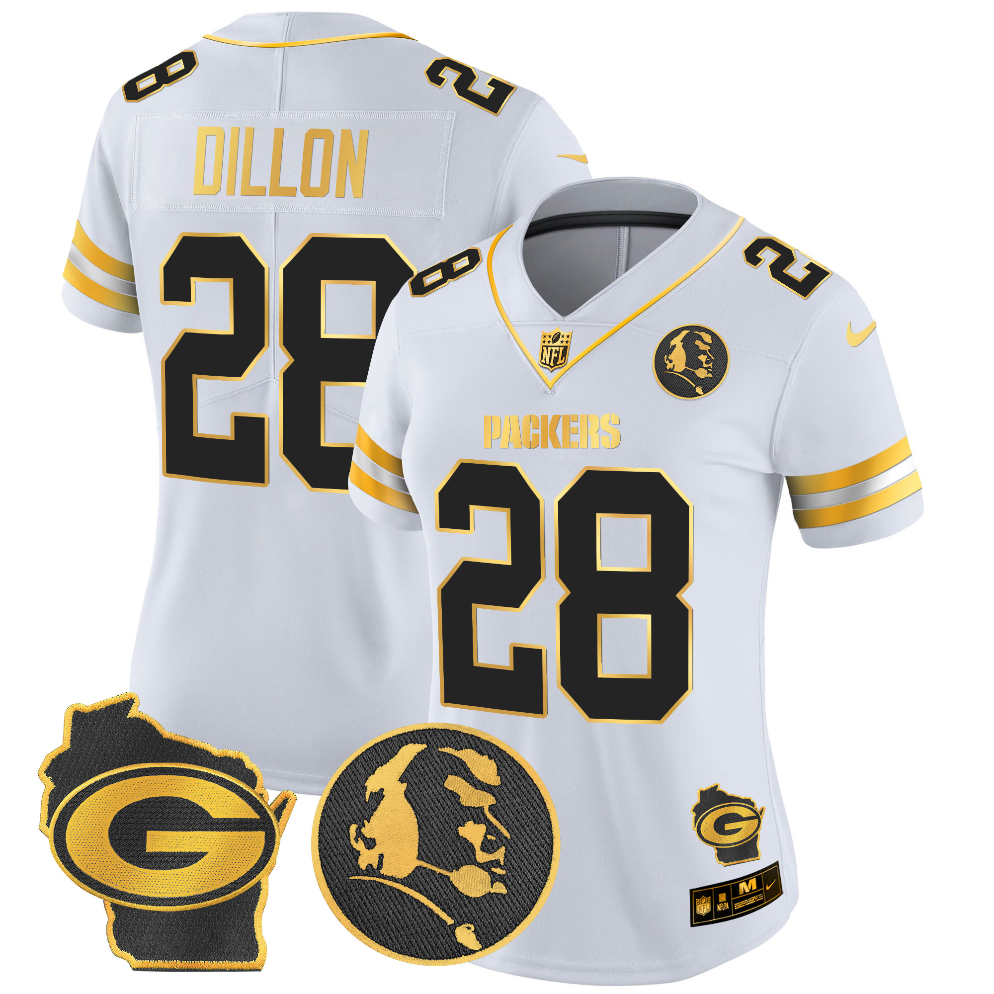 AJ Dillon Women's Green Bay Packers John Madden & Home Patch Gold Vapor Limited White Gold Jersey - All Stitched