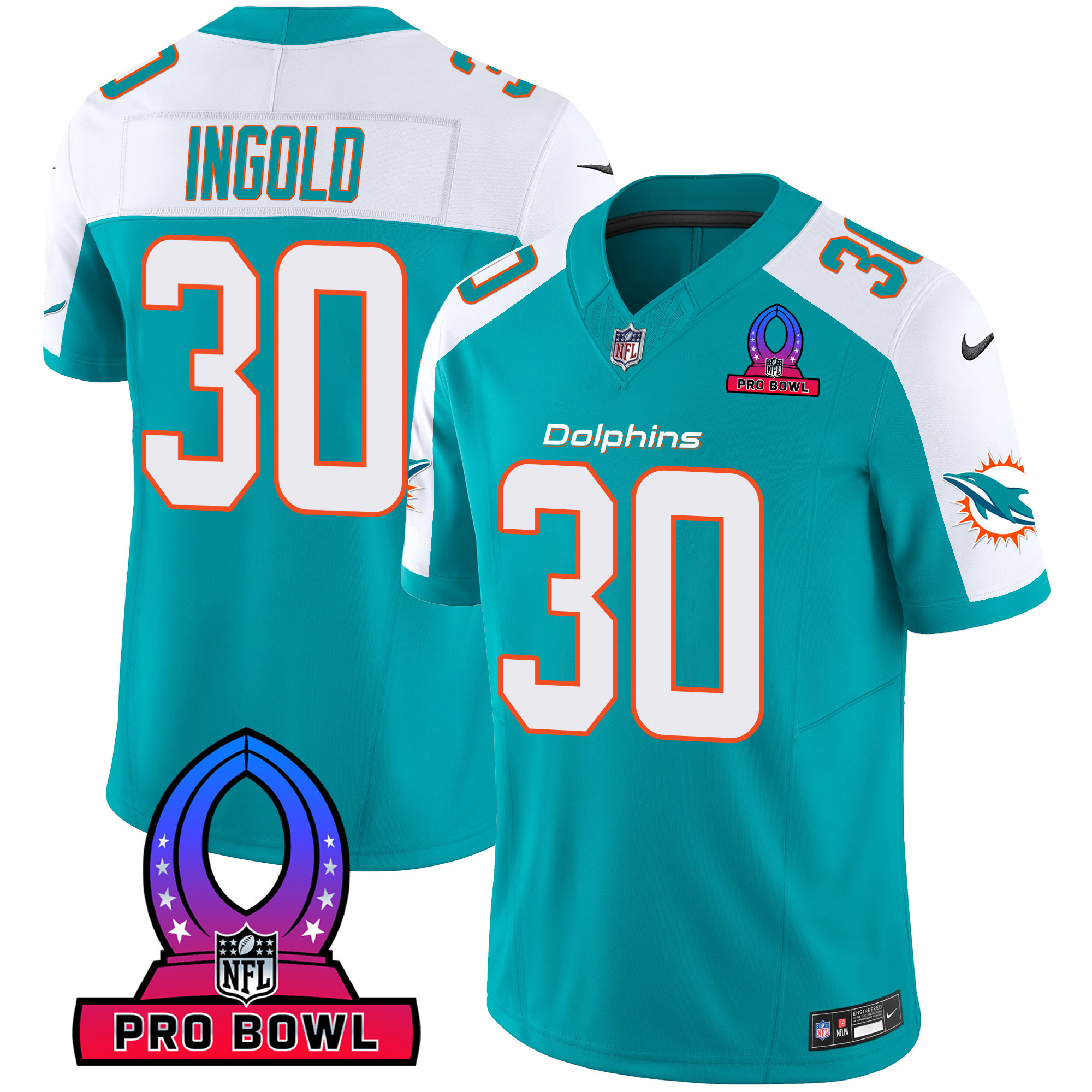 Alec Ingold Men's Miami Dolphins 2024 Pro Bowl Patch Vapor Aqua Alternate Jersey - All Stitched