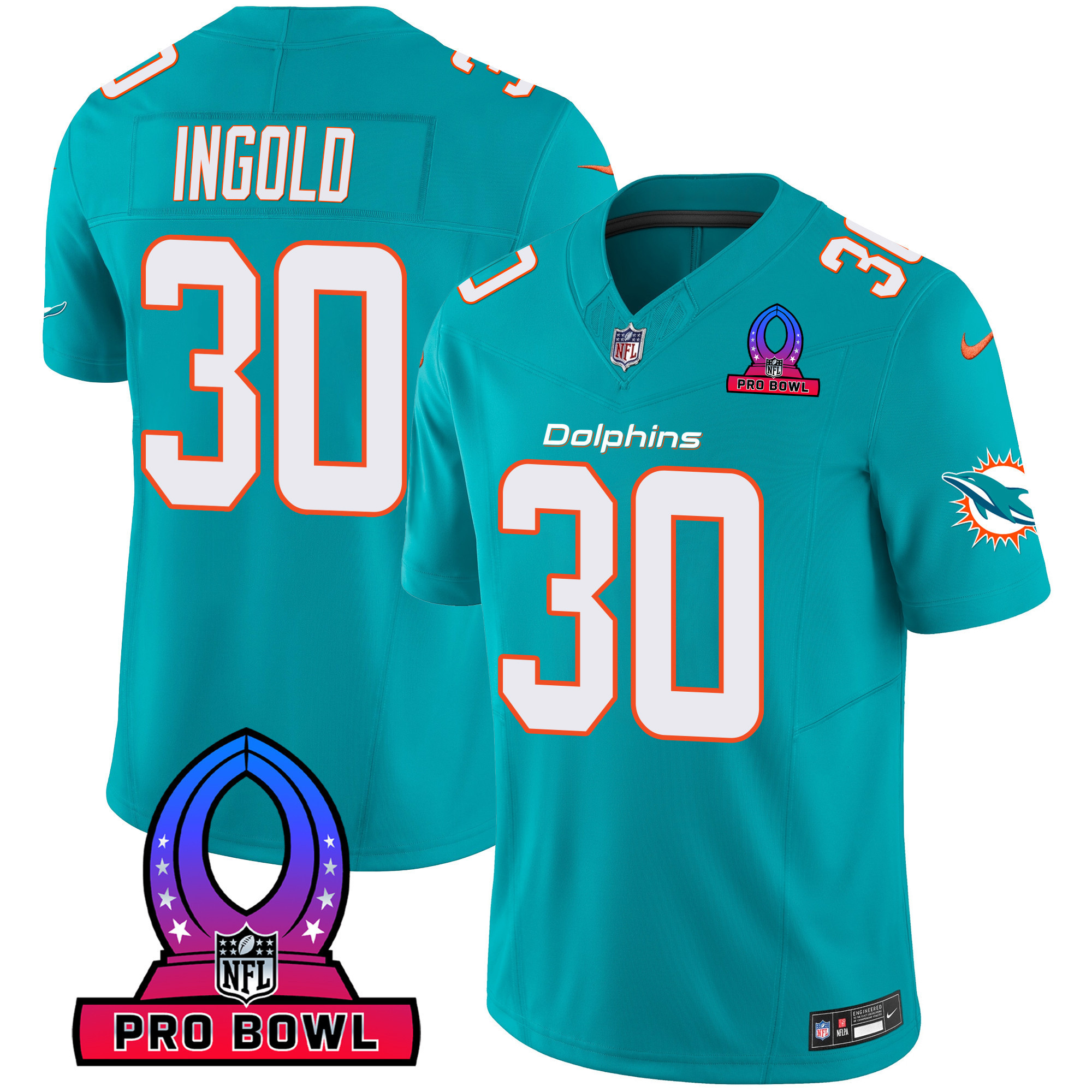 Alec Ingold Men's Miami Dolphins 2024 Pro Bowl Patch Vapor Aqua Jersey - All Stitched
