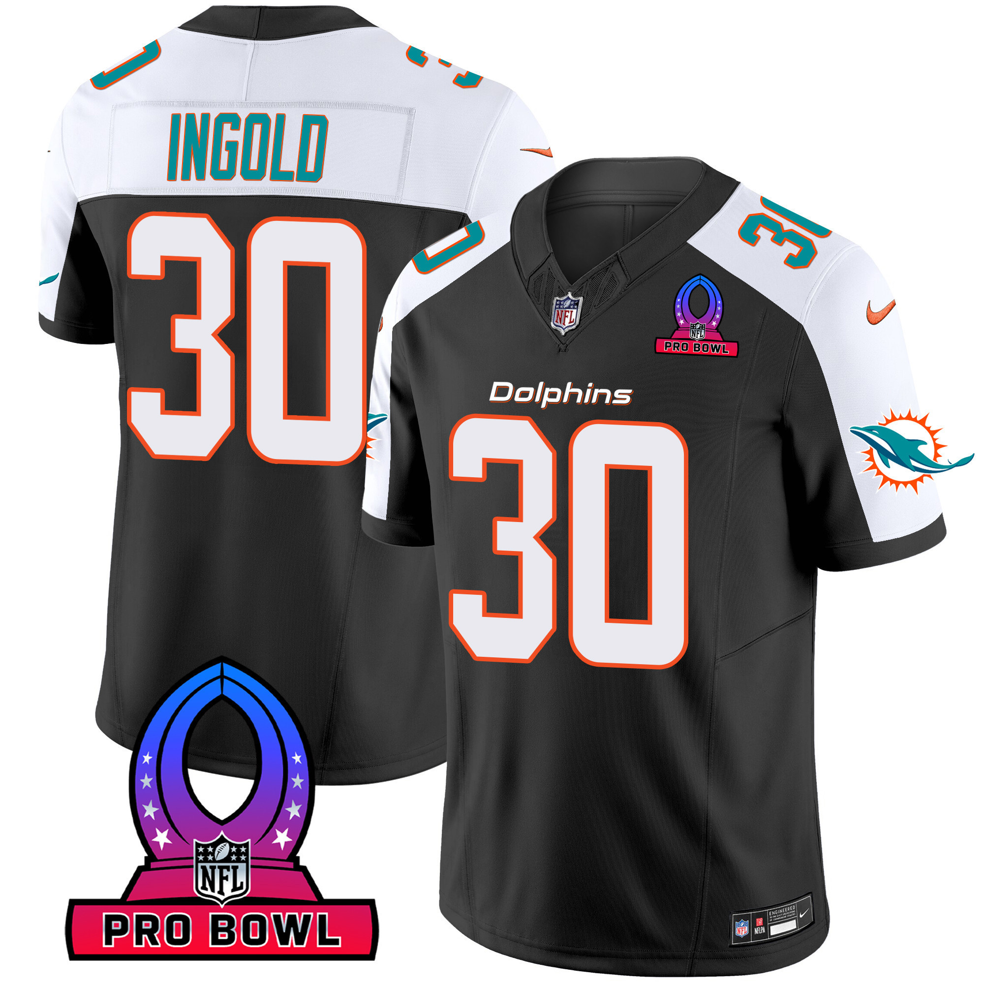 Alec Ingold Men's Miami Dolphins 2024 Pro Bowl Patch Vapor Black Alternate Jersey - All Stitched