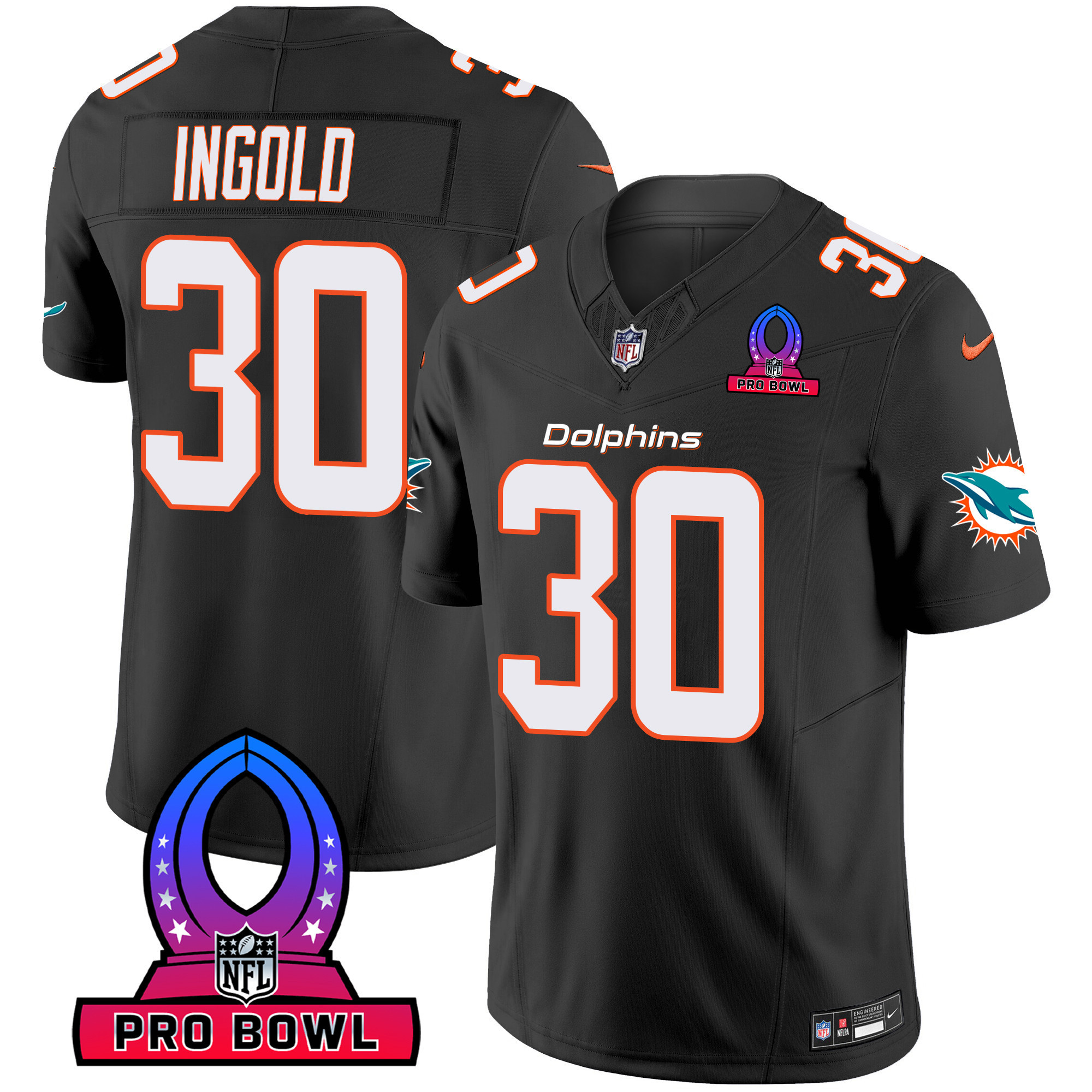 Alec Ingold Men's Miami Dolphins 2024 Pro Bowl Patch Vapor Black Jersey - All Stitched