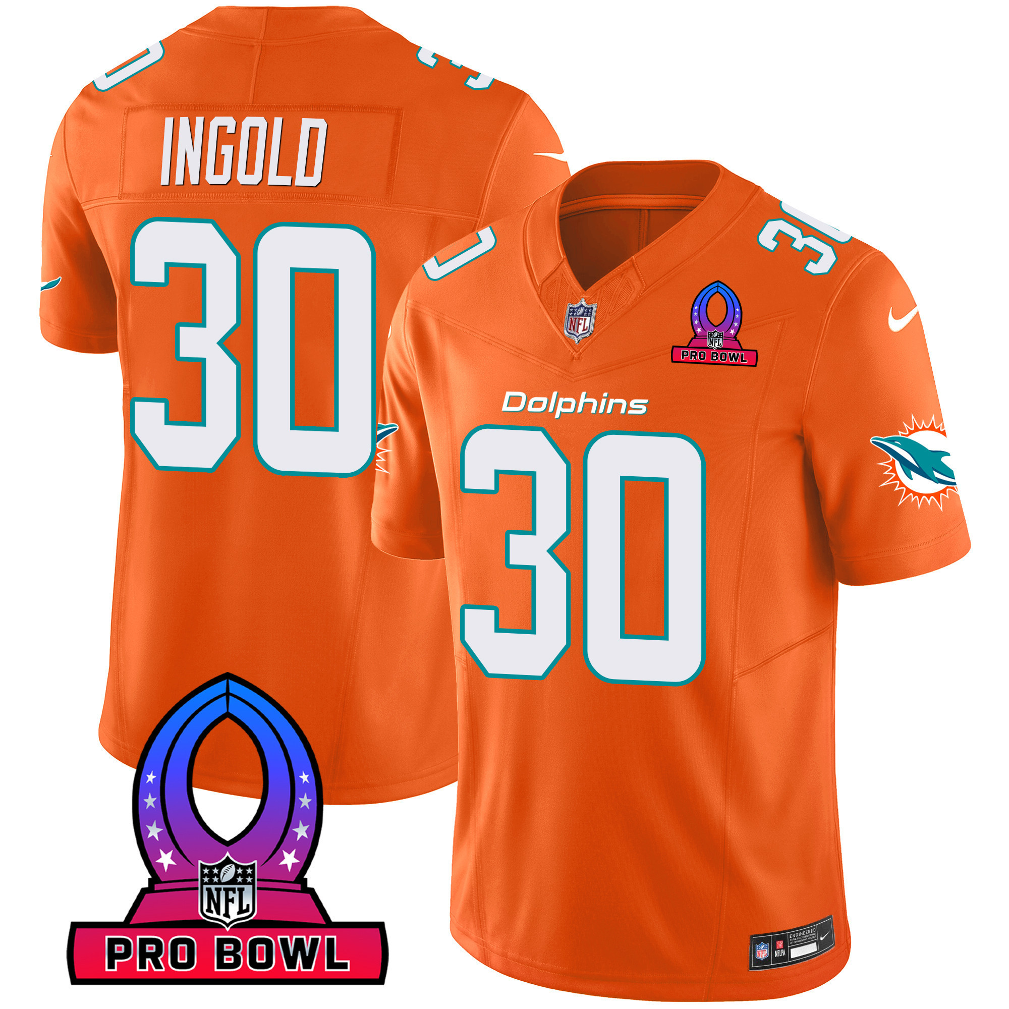 Alec Ingold Men's Miami Dolphins 2024 Pro Bowl Patch Vapor Orange Jersey - All Stitched