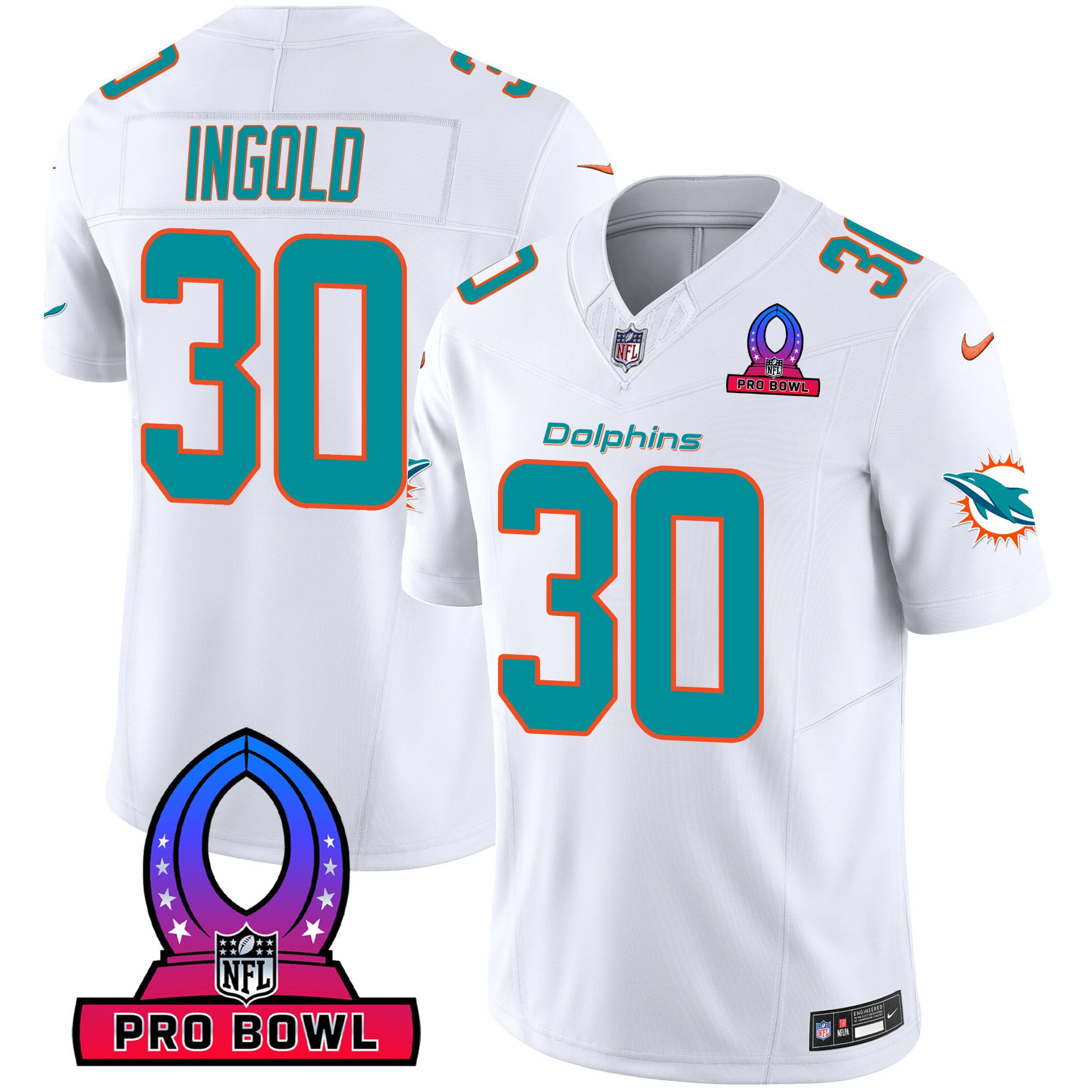 Alec Ingold Men's Miami Dolphins 2024 Pro Bowl Patch Vapor White Jersey - All Stitched
