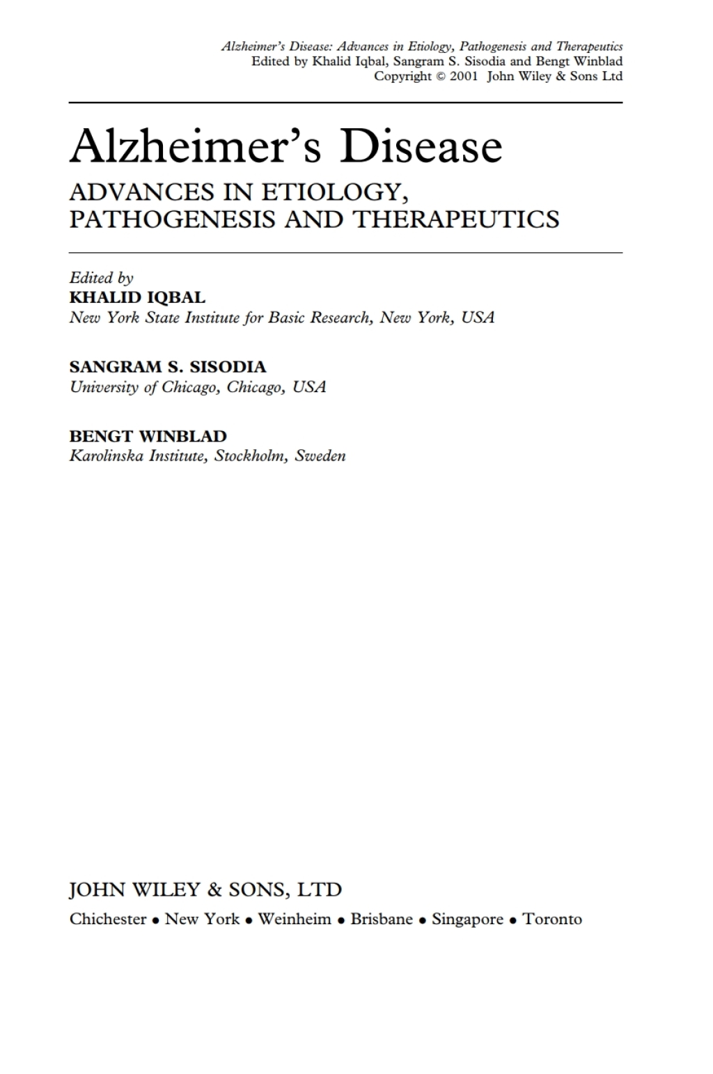 Alzheimer's Disease: Advances in Etiology, Pathogenesis and Therapeutics Advances in Etiology, Pathogenesis and Therapeutics 1st Edition â€“ PDF/EPUB Version Downloadable