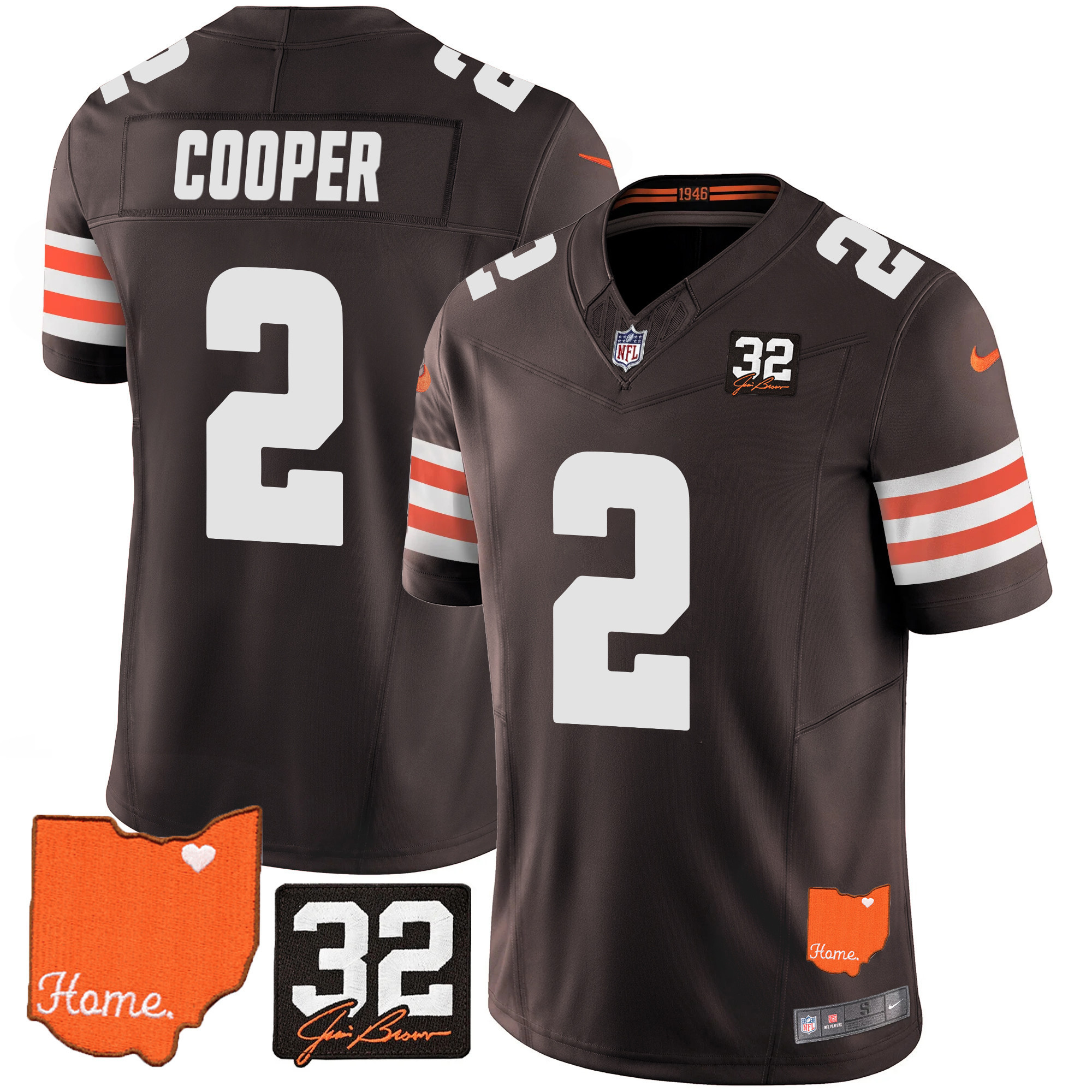 Amari Cooper Men's Cleveland Browns #32 Jim Brown Memorial & Home Patch Brown Jersey - All Stitched