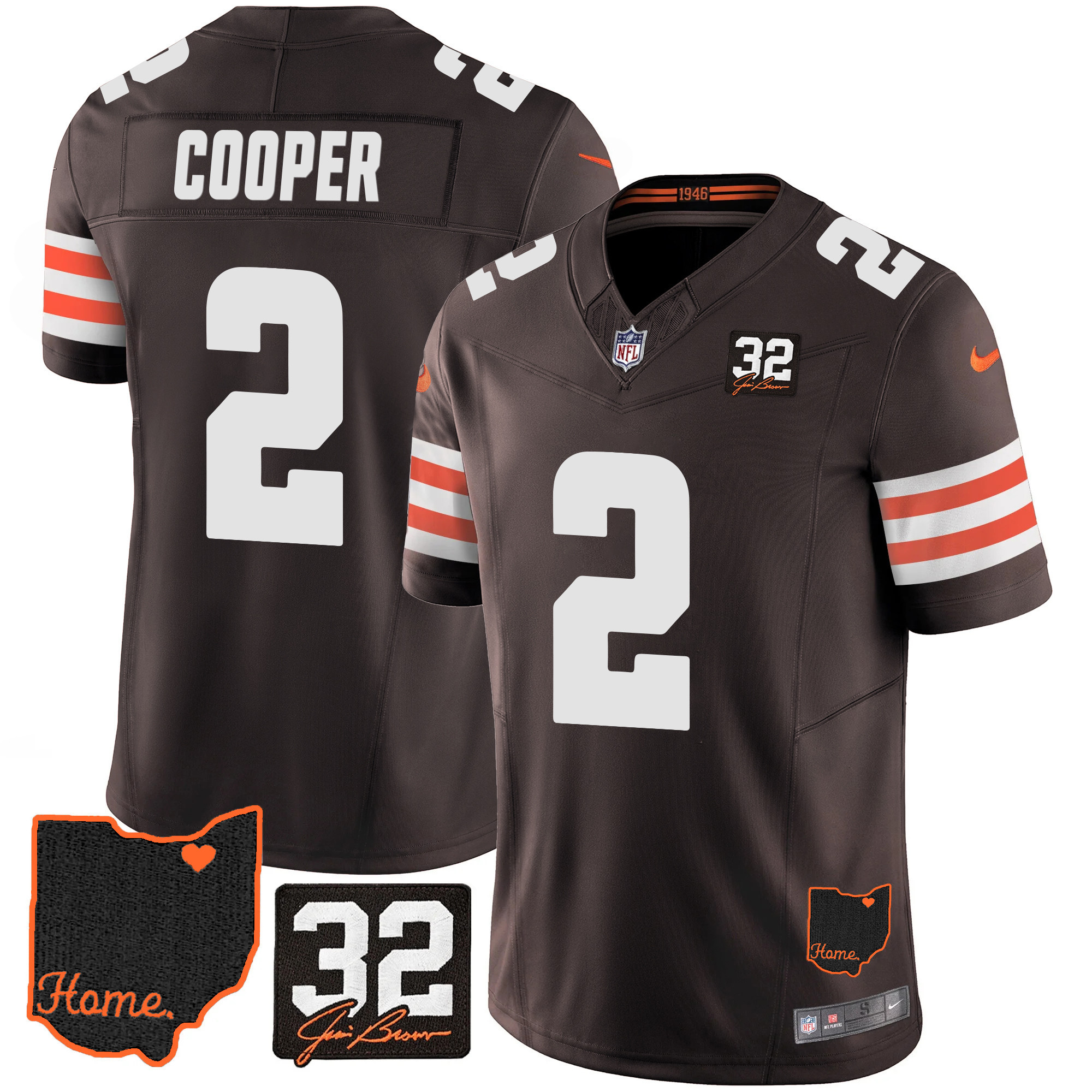 Amari Cooper Men's Cleveland Browns #32 Jim Brown Memorial & Home Patch Brown Jersey - All Stitched