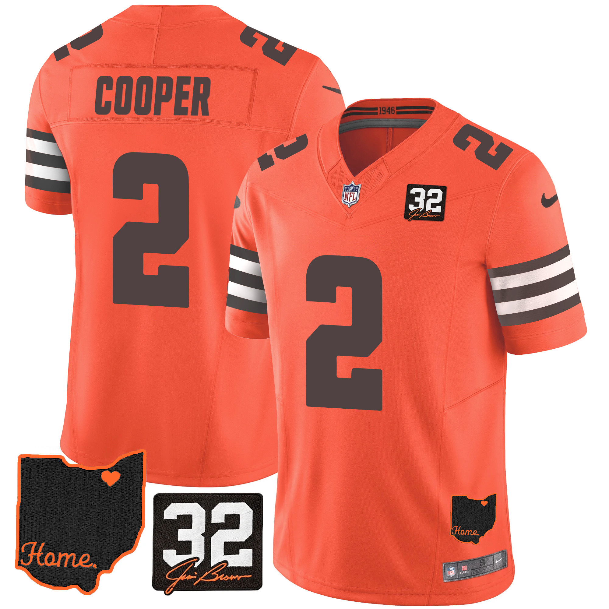 Amari Cooper Men's Cleveland Browns #32 Jim Brown Memorial & Home Patch Orange Jersey - All Stitched