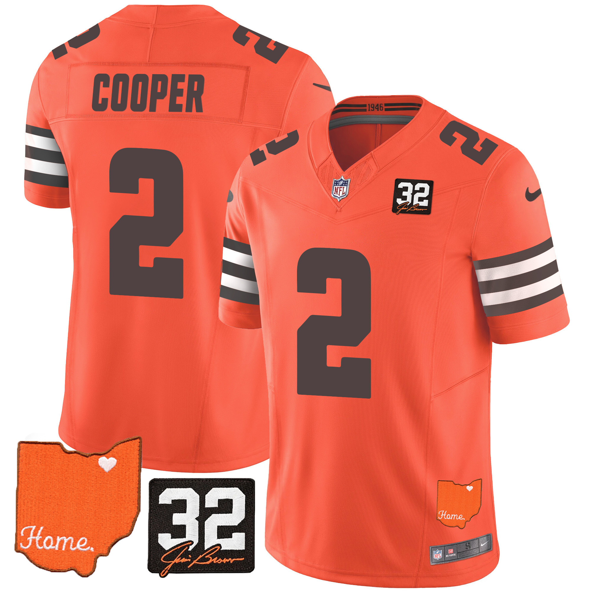 Amari Cooper Men's Cleveland Browns #32 Jim Brown Memorial & Home Patch Orange Jersey - All Stitched
