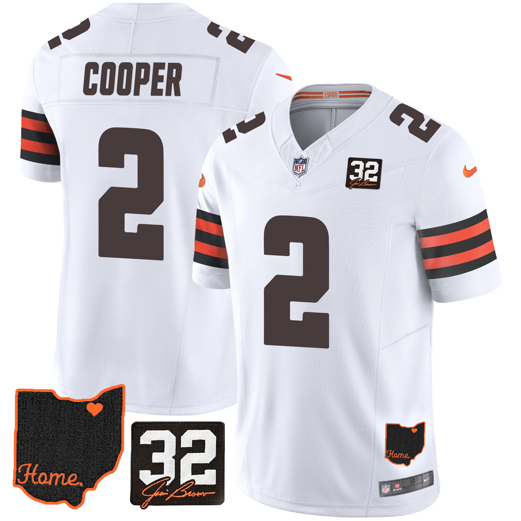 Amari Cooper Men's Cleveland Browns #32 Jim Brown Memorial & Home Patch White Jersey - All Stitched