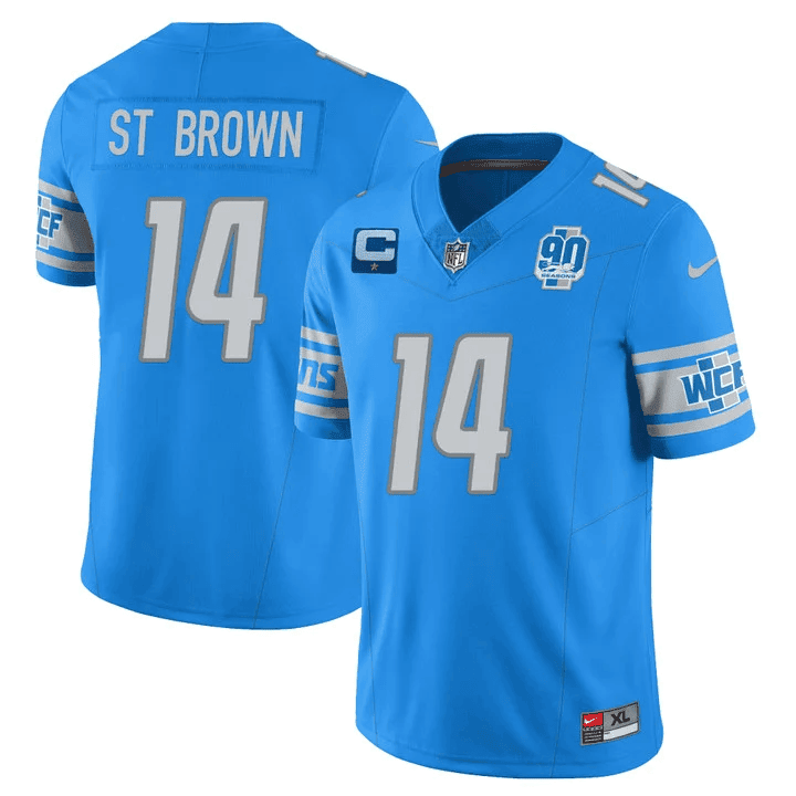 Amon-Ra St. Brown MenÃƒÂ¢Ã¢â€šÂ¬Ã¢â€žÂ¢s Detroit Lions 90th Year Patch Vapor Jersey V2 ÃƒÂ¢Ã¢â€šÂ¬Ã¢â‚¬Å“ All Stitched Blue Jersey - All Stitched