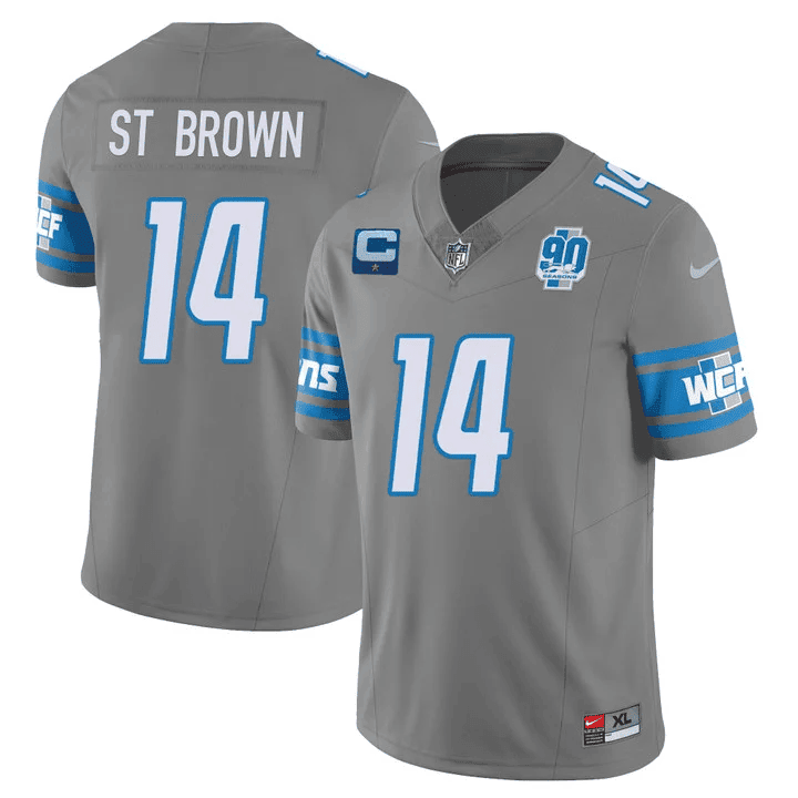 Amon-Ra St. Brown MenÃƒÂ¢Ã¢â€šÂ¬Ã¢â€žÂ¢s Detroit Lions 90th Year Patch Vapor Jersey V2 ÃƒÂ¢Ã¢â€šÂ¬Ã¢â‚¬Å“ All Stitched Gray Jersey - All Stitched