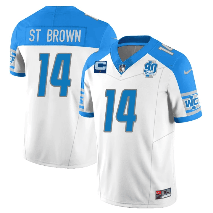 Amon-Ra St. Brown MenÃƒÂ¢Ã¢â€šÂ¬Ã¢â€žÂ¢s Detroit Lions 90th Year Patch Vapor Jersey V2 ÃƒÂ¢Ã¢â€šÂ¬Ã¢â‚¬Å“ All Stitched Inverted Jersey - All Stitched