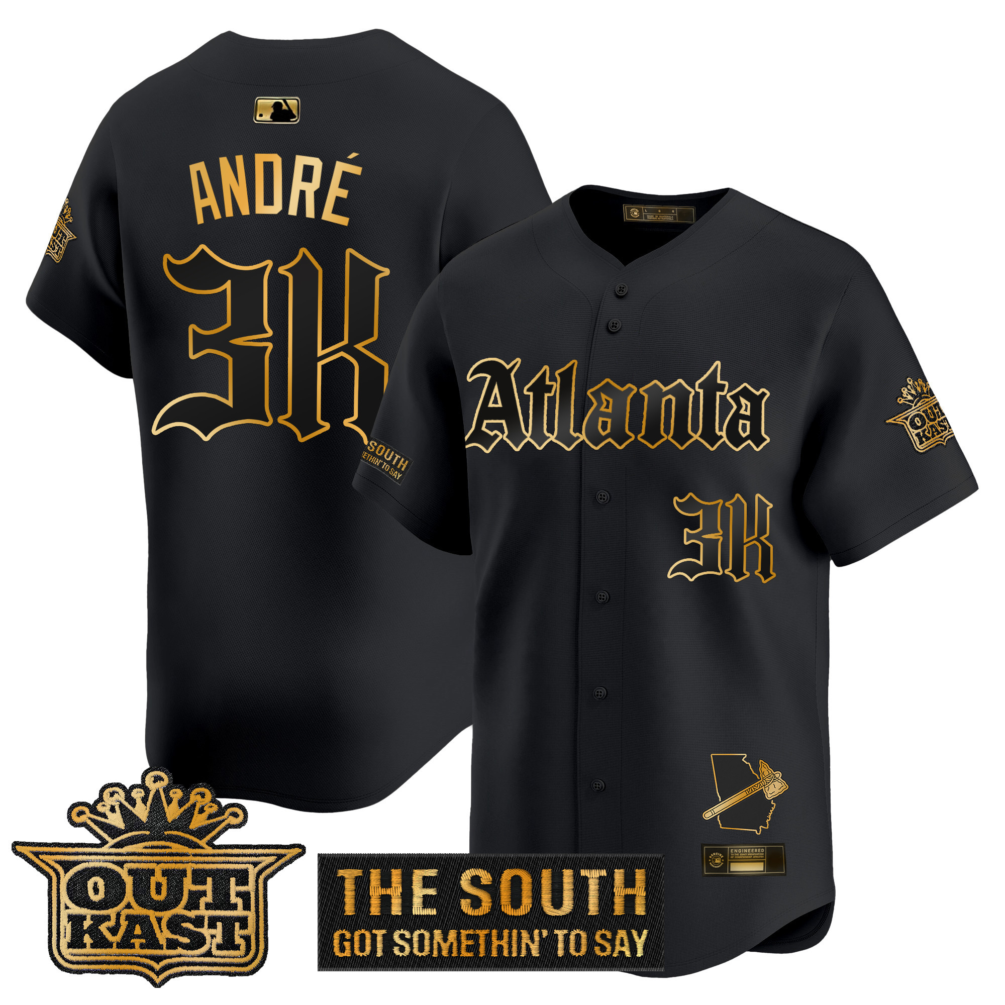 André Men's Atlanta Braves 'Gothic South x Outkast Edition' Gold Vapor Premier Limited Black Gold Jersey - All Stitched