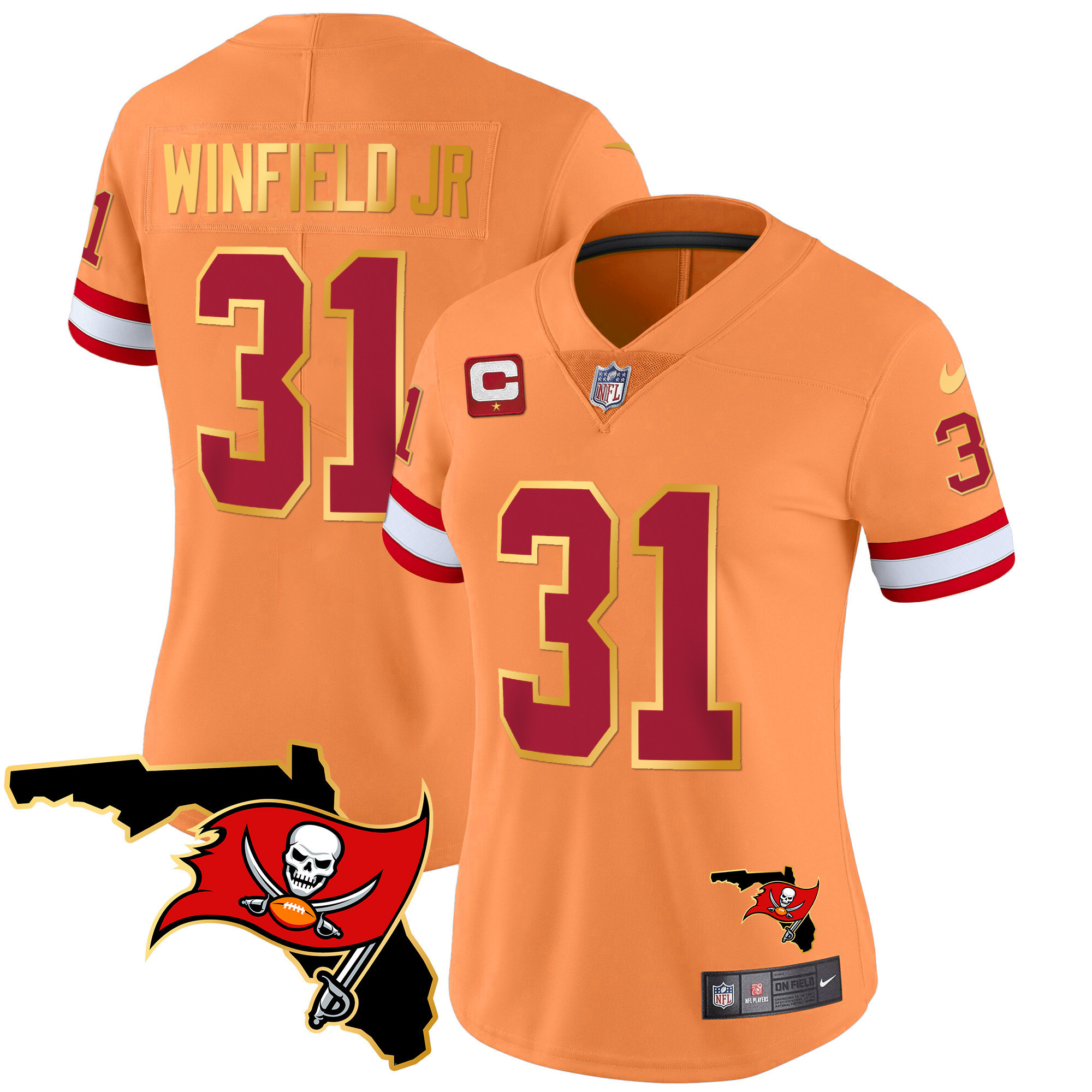 Antoine Winfield Jr Women's Tampa Bay Buccaneers Florida Patch Gold Trim Vapor Orange Jersey - All Stitched