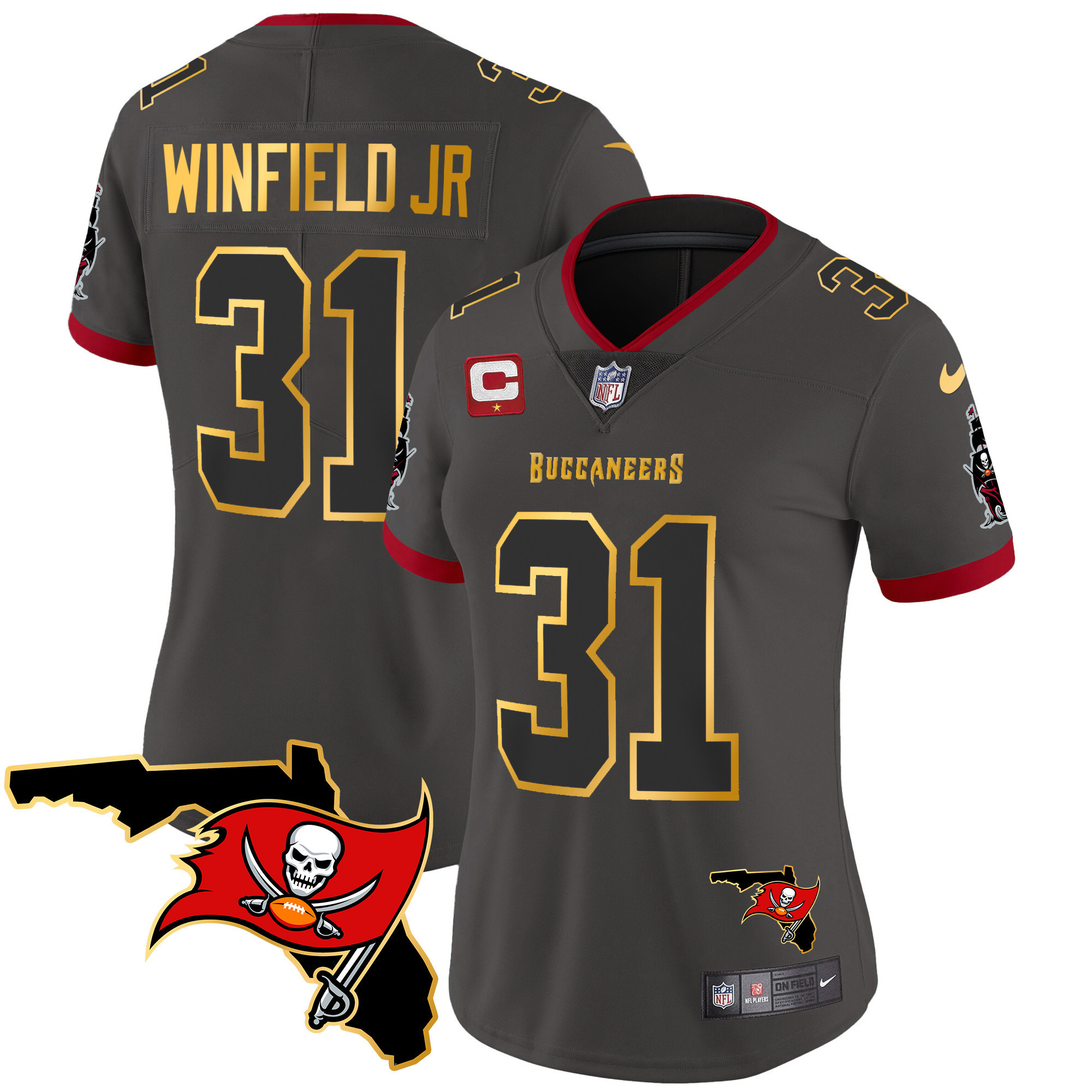 Antoine Winfield Jr Women's Tampa Bay Buccaneers Florida Patch Gold Trim Vapor Pewter Jersey - All Stitched