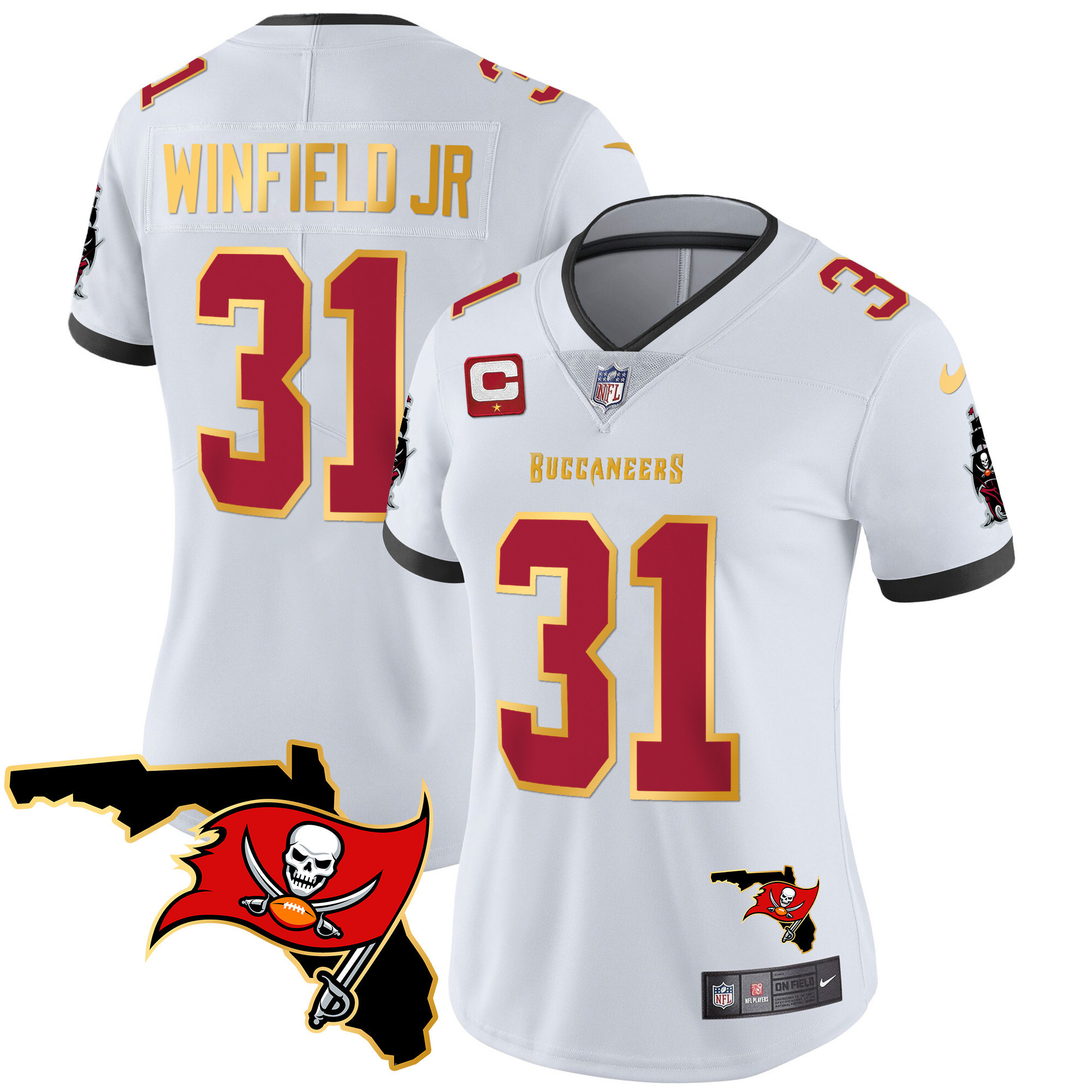 Antoine Winfield Jr Women's Tampa Bay Buccaneers Florida Patch Gold Trim Vapor White Jersey - All Stitched