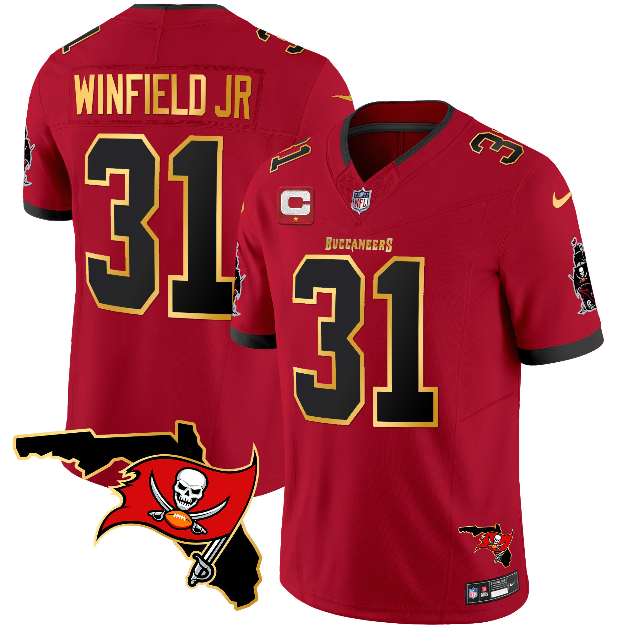 Antoine Winfield Jr. Men's Tampa Bay Buccaneers Florida Patch Gold Trim Vapor Red Jersey - All Stitched