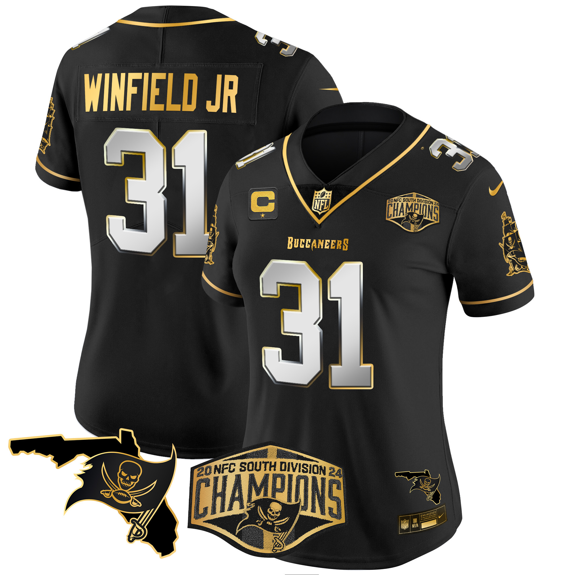Antoine Winfield Jr. Women's Tampa Bay Buccaneers 2024 NFC South Division Champions Patch Gold Vapor Limited Black Limited Jersey - All Stitched