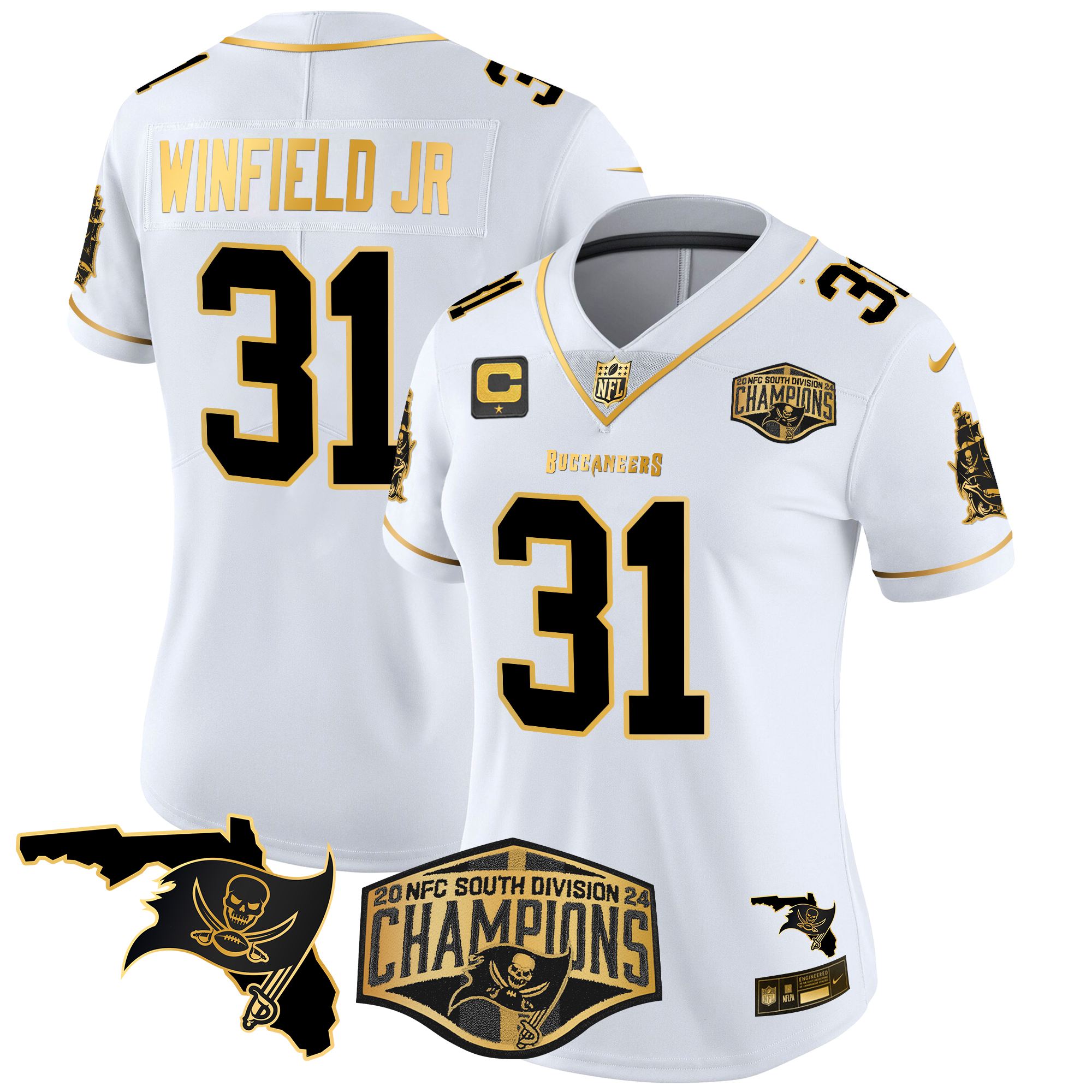 Antoine Winfield Jr. Women's Tampa Bay Buccaneers 2024 NFC South Division Champions Patch Gold Vapor Limited White Gold Jersey - All Stitched