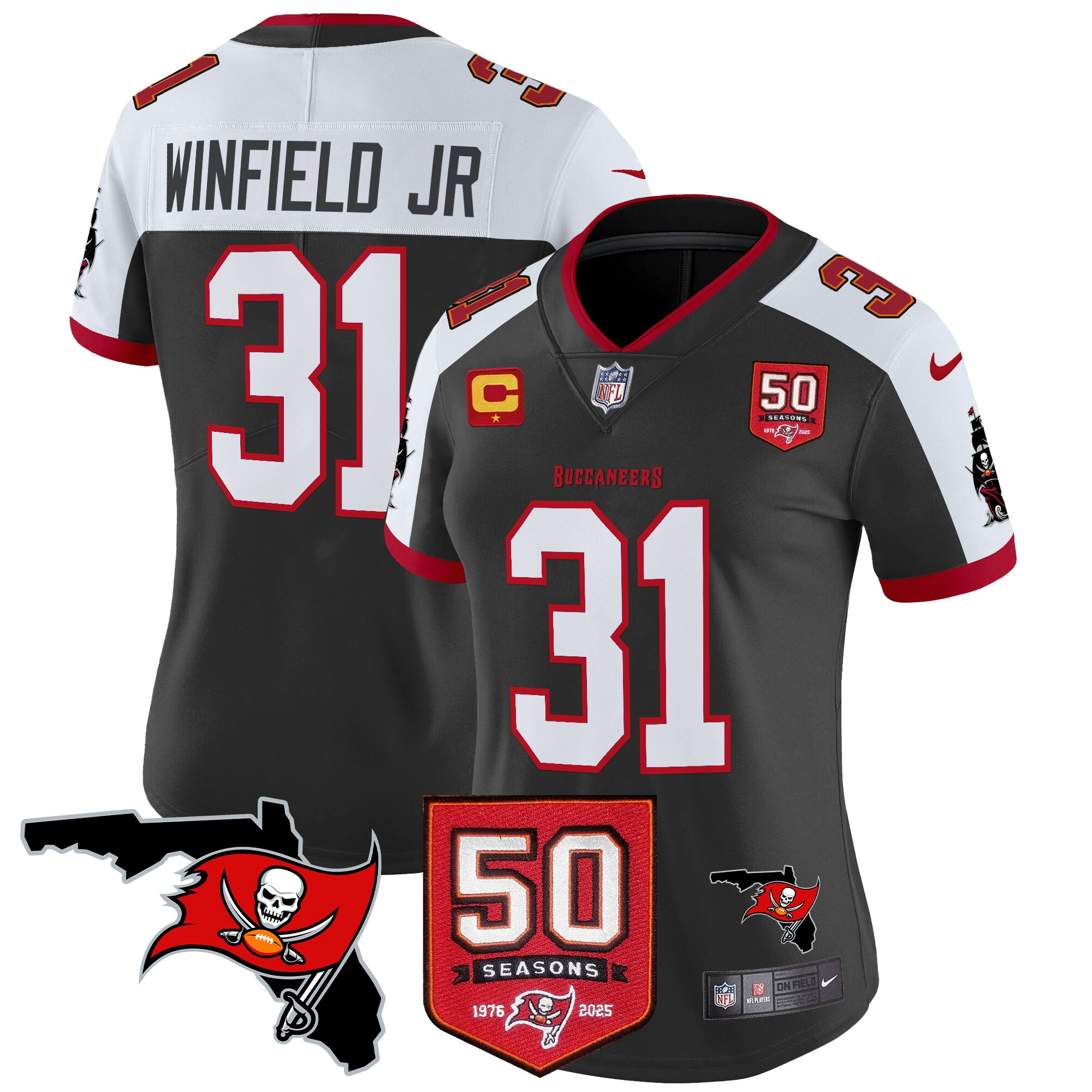 Antoine Winfield Jr. Women's Tampa Bay Buccaneers 50th Season Patch Vapor Limited Black Alternate Jersey - All Stitched