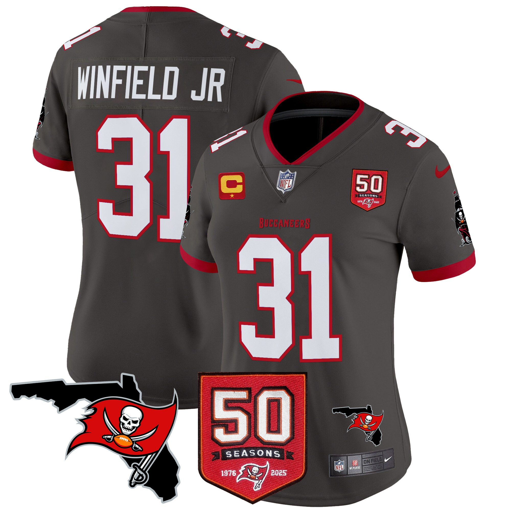 Antoine Winfield Jr. Women's Tampa Bay Buccaneers 50th Season Patch Vapor Limited Pewter Jersey - All Stitched