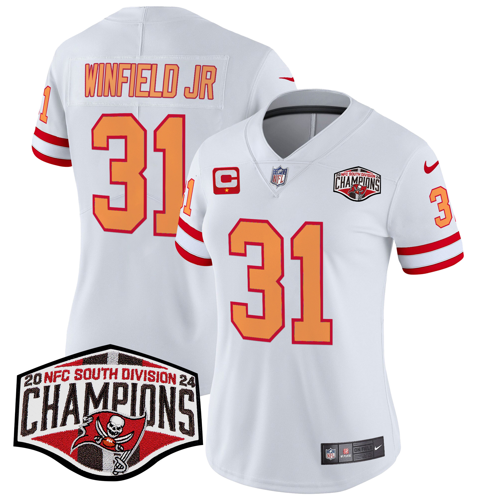 Antoine Winfield Jr. Women's Tampa Bay Buccaneers Creamsicle 2024 NFC South Division Champions Patch Vapor Limited White Jersey - All Stitched