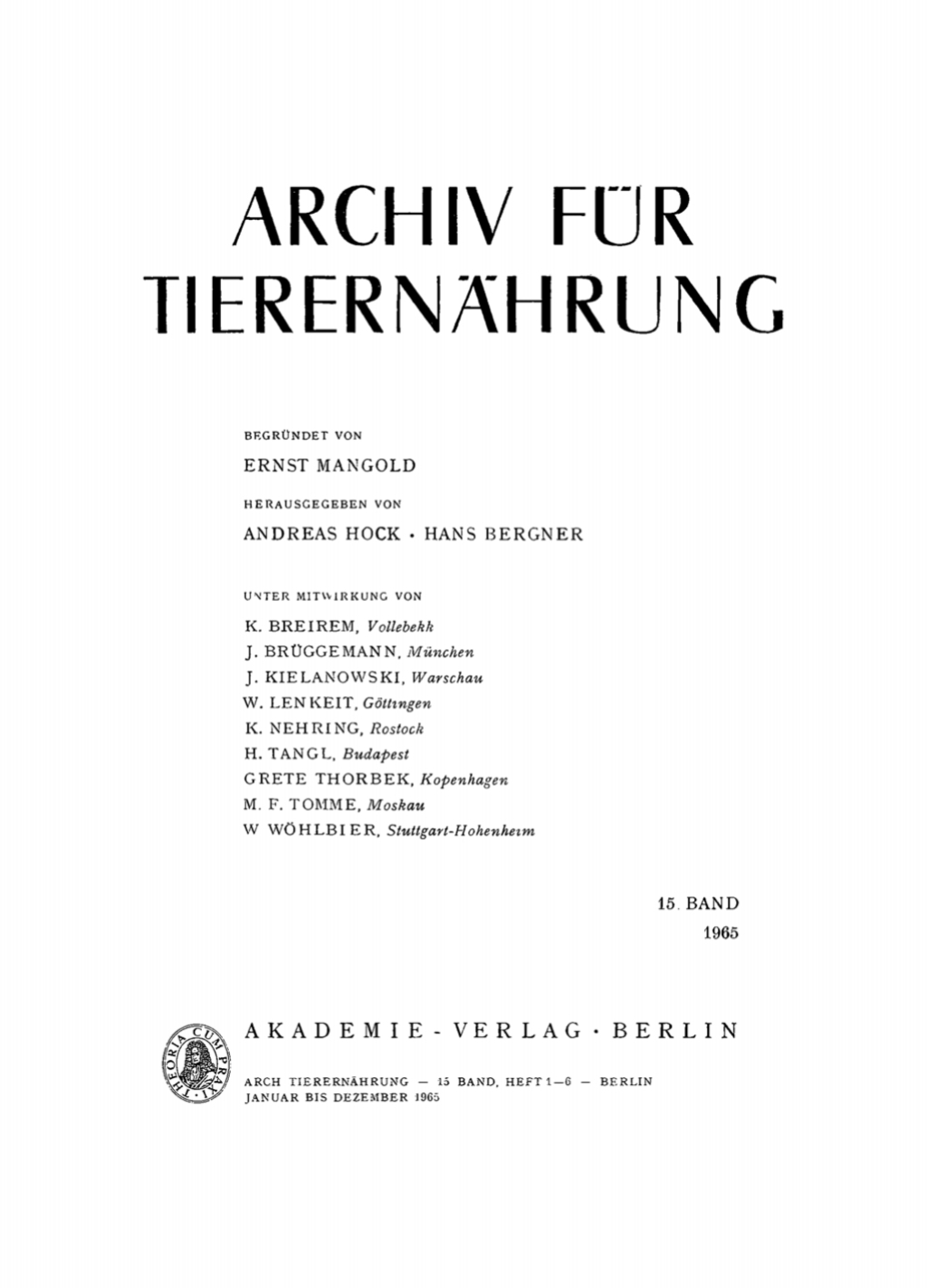 Archiv fÃ¼r TierernÃ¤hrung. Band 15, Heft 1â€“6 1st Edition â€“ PDF/EPUB Version Downloadable