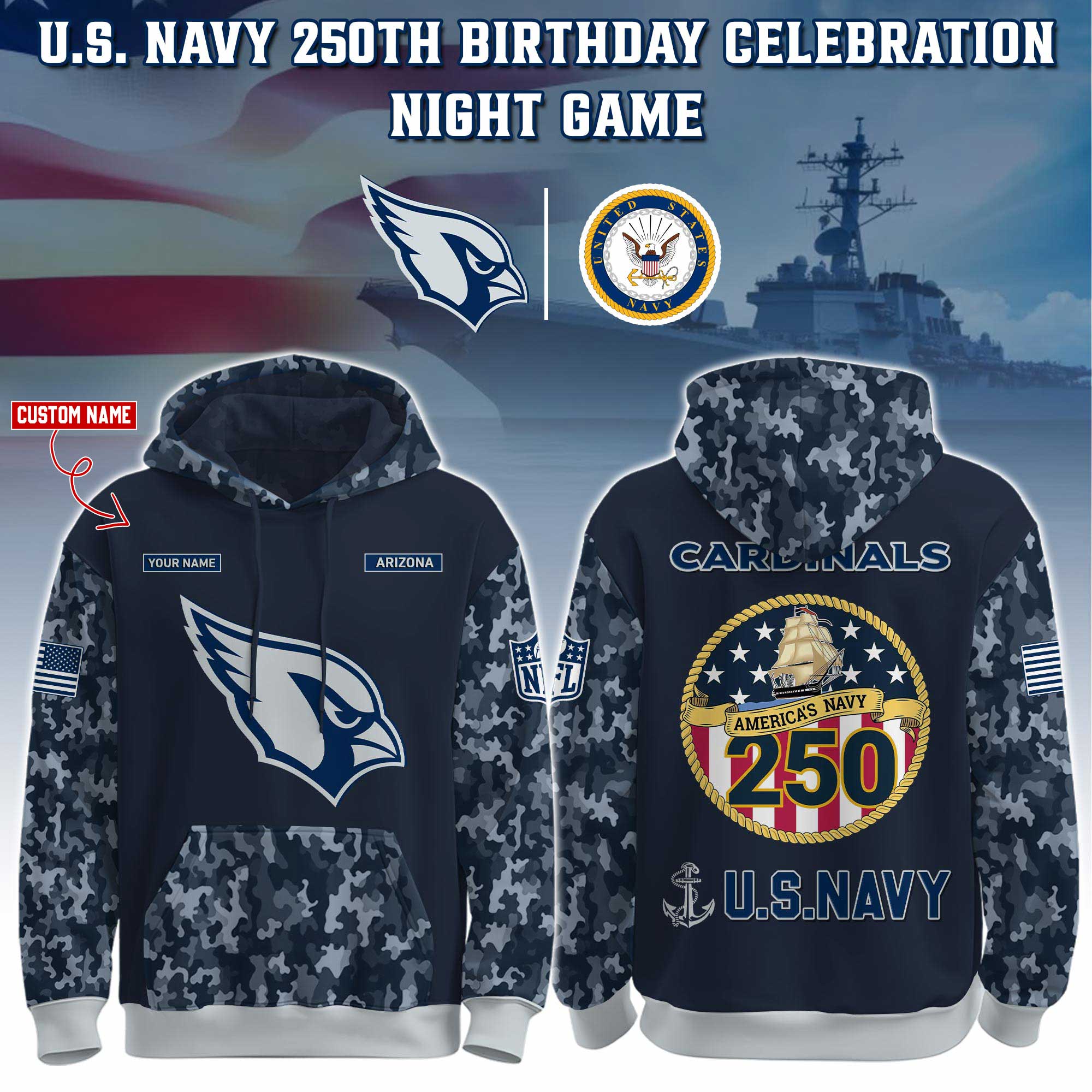 Arizona Cardinals Navy 250th Birthday Hoodie Limited Edions
