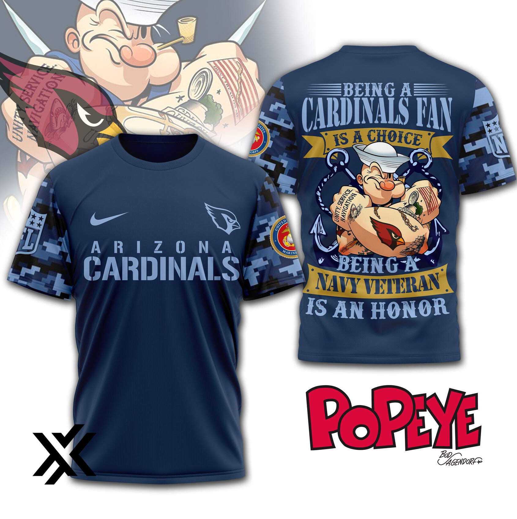 Arizona Cardinals NFL Navy Veteran Popeye 3D T-Shirt