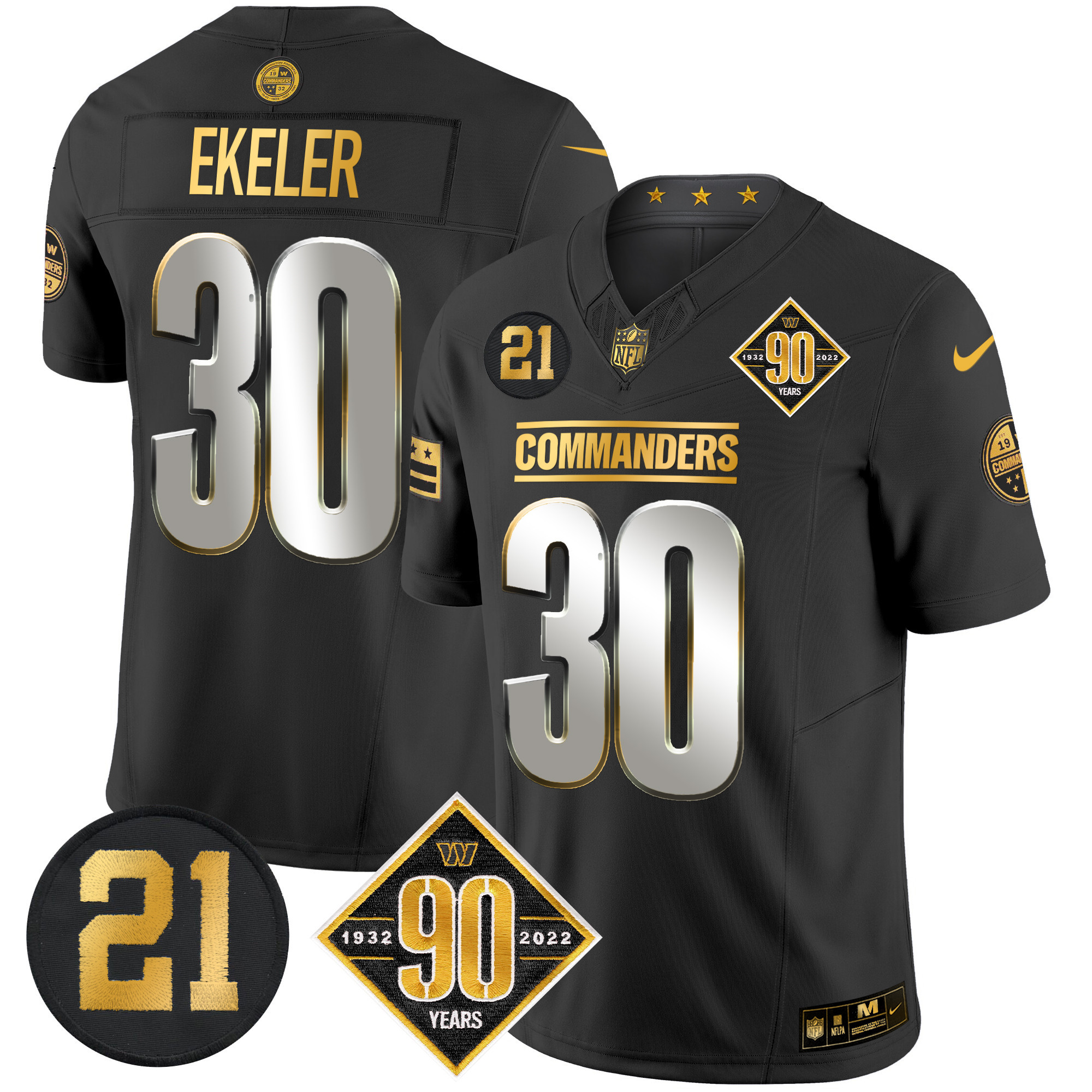 Austin Ekeler Men's Washington Commanders 90th & Sean Taylor Patch Gold Vapor Limited Black Limited Jersey - All Stitched