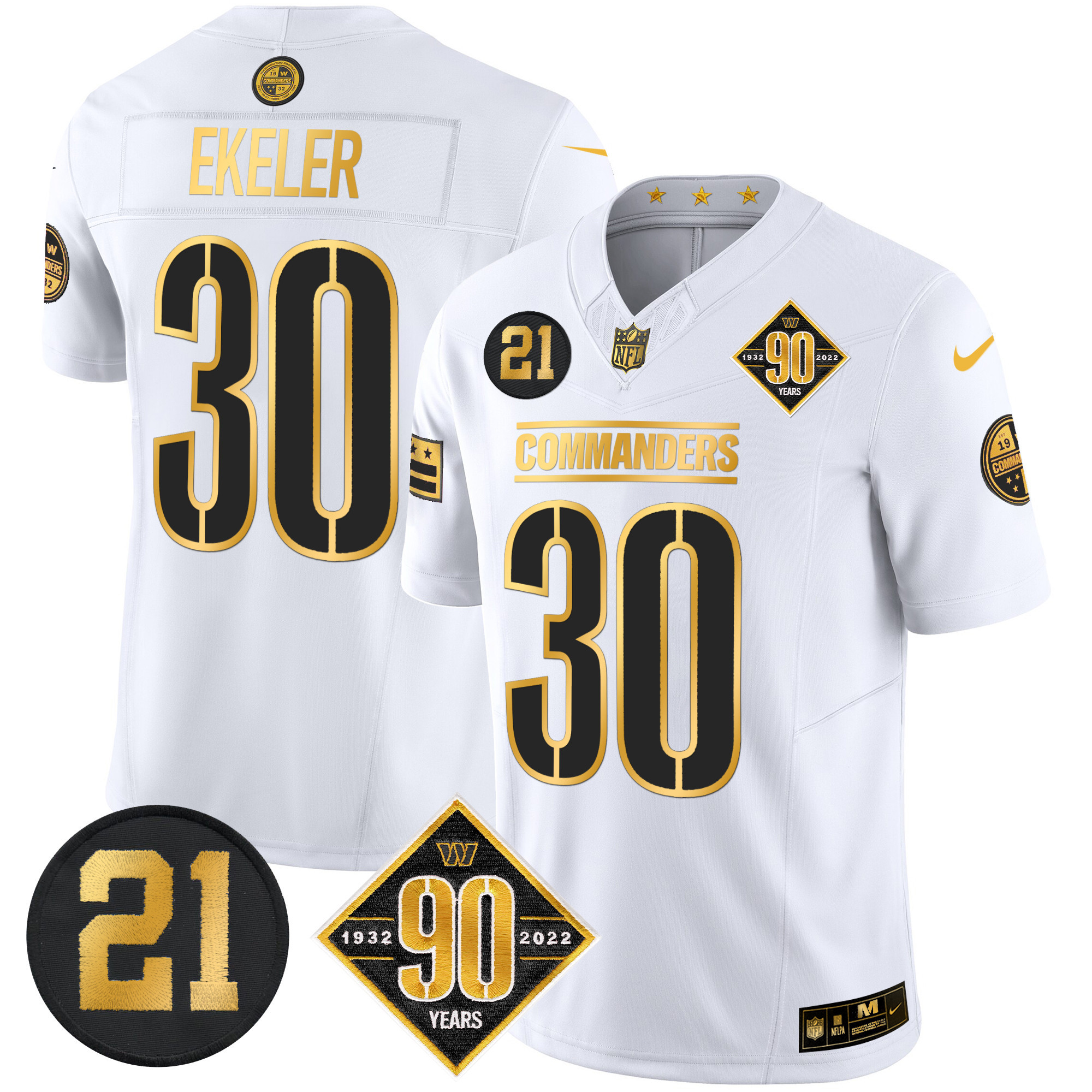 Austin Ekeler Men's Washington Commanders 90th & Sean Taylor Patch Gold Vapor Limited White Gold Jersey - All Stitched